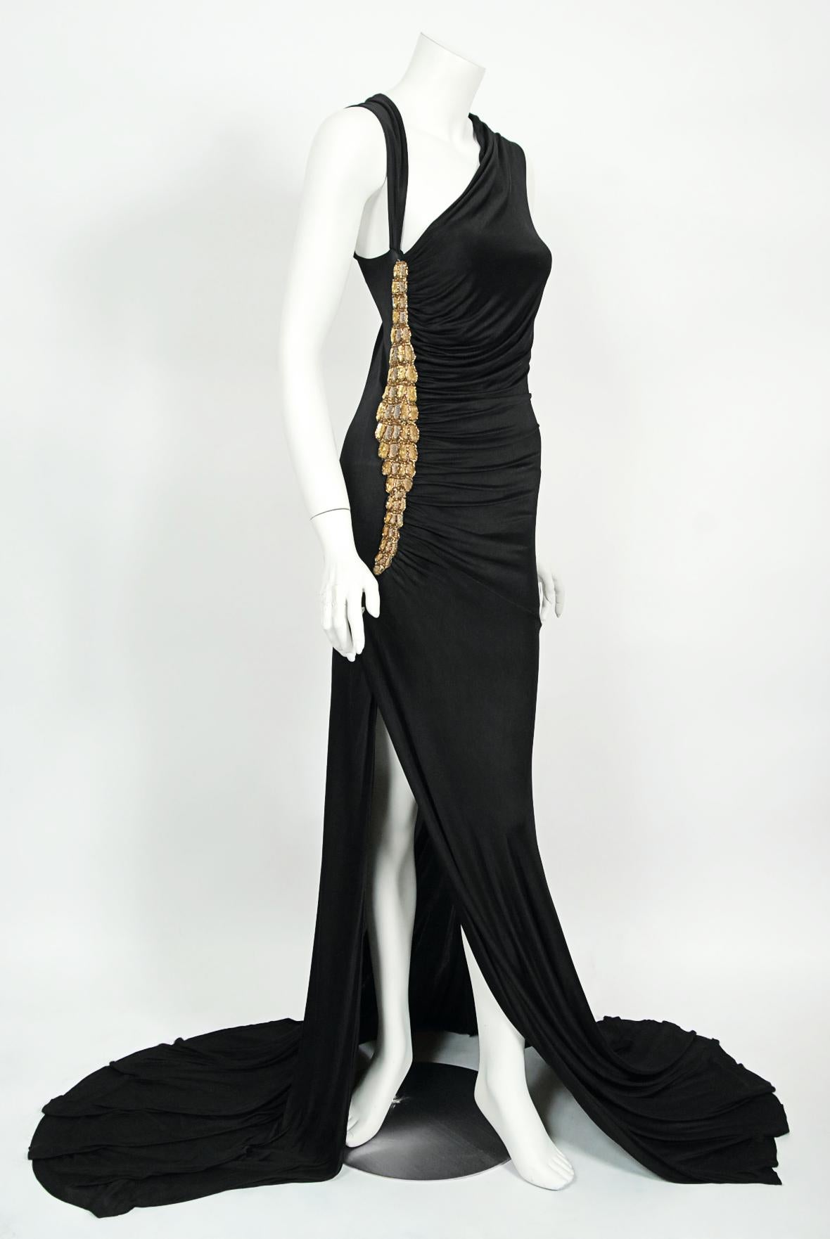 Women's 2005 Roberto Cavalli Black Stretch Silk Jersey Beaded Scales Hourglass Slit Gown