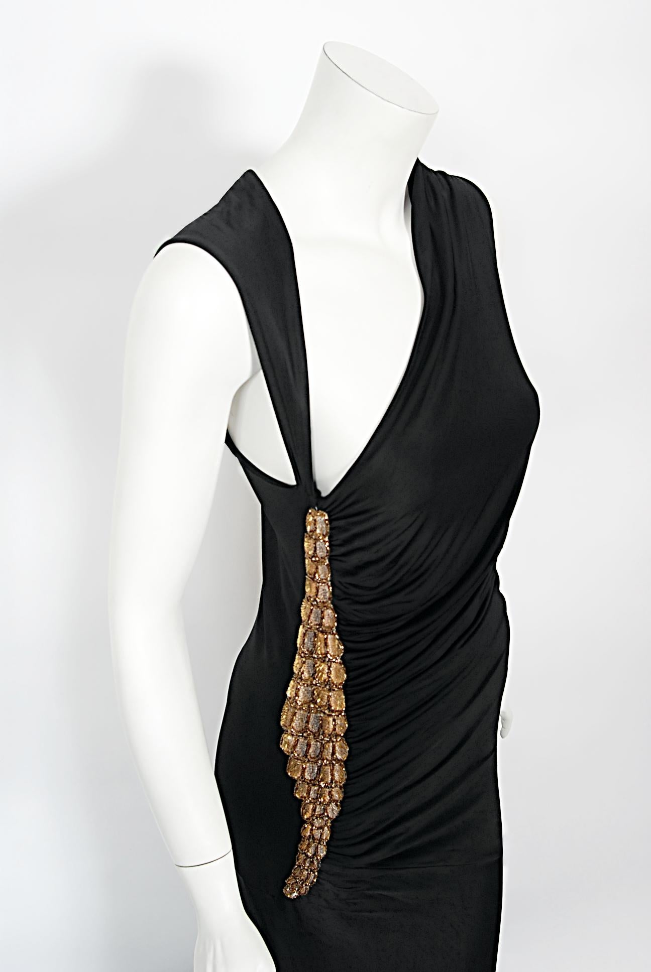 2005 Roberto Cavalli Black Stretch Silk Jersey Beaded Scales Hourglass Slit Gown 1