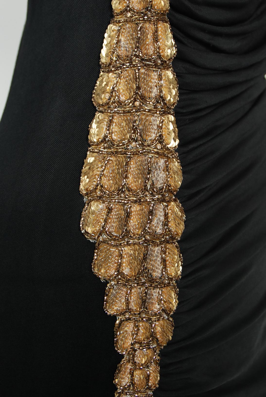 2005 Roberto Cavalli Black Stretch Silk Jersey Beaded Scales Hourglass Slit Gown 2