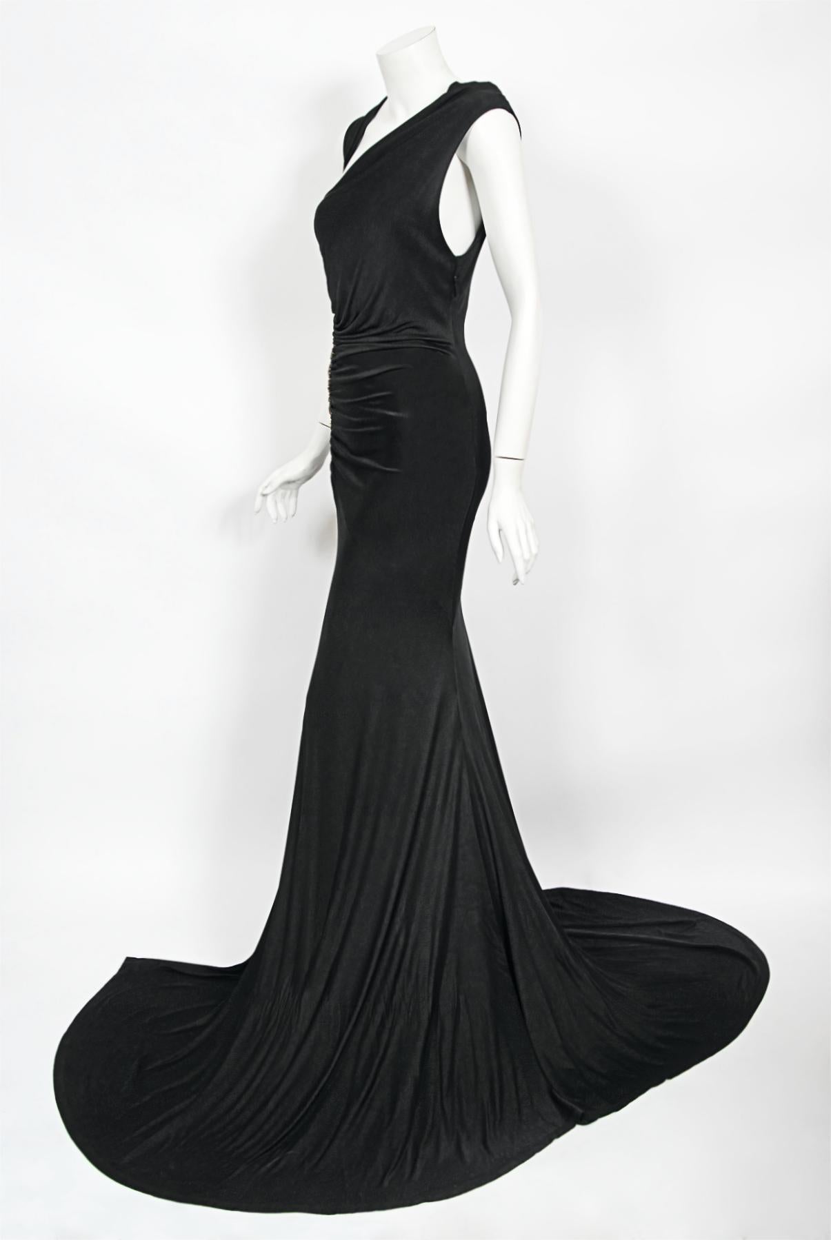 2005 Roberto Cavalli Black Stretch Silk Jersey Beaded Scales Hourglass Slit Gown 3