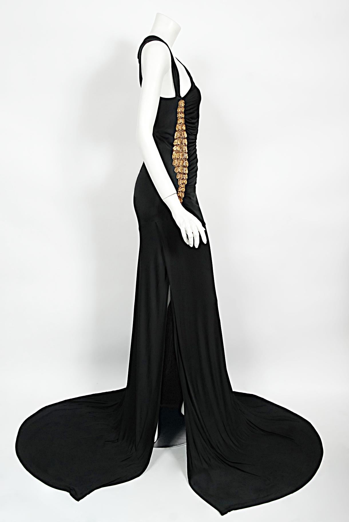 2005 Roberto Cavalli Black Stretch Silk Jersey Beaded Scales Hourglass Slit Gown 4