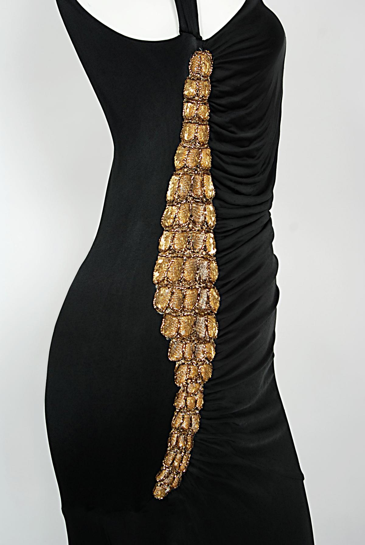 2005 Roberto Cavalli Black Stretch Silk Jersey Beaded Scales Hourglass Slit Gown 5
