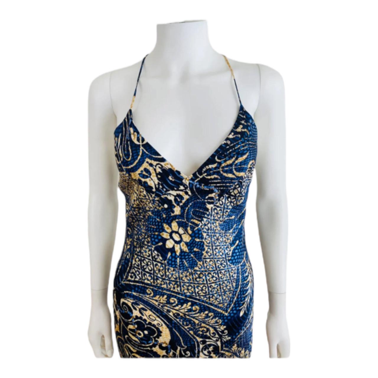Vintage 2005 Roberto Cavalli Blue + Tan Printed Bias Silk Maxi Dress Mermaid Hem In Excellent Condition For Sale In Denver, CO
