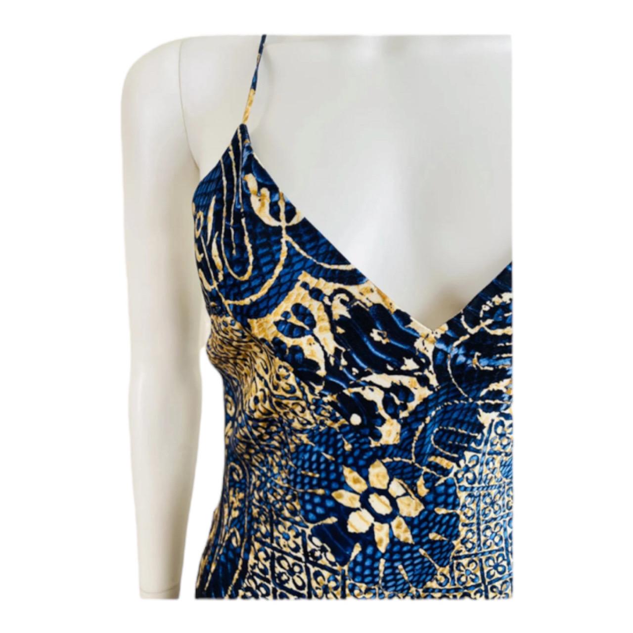 Women's Vintage 2005 Roberto Cavalli Blue + Tan Printed Bias Silk Maxi Dress Mermaid Hem For Sale