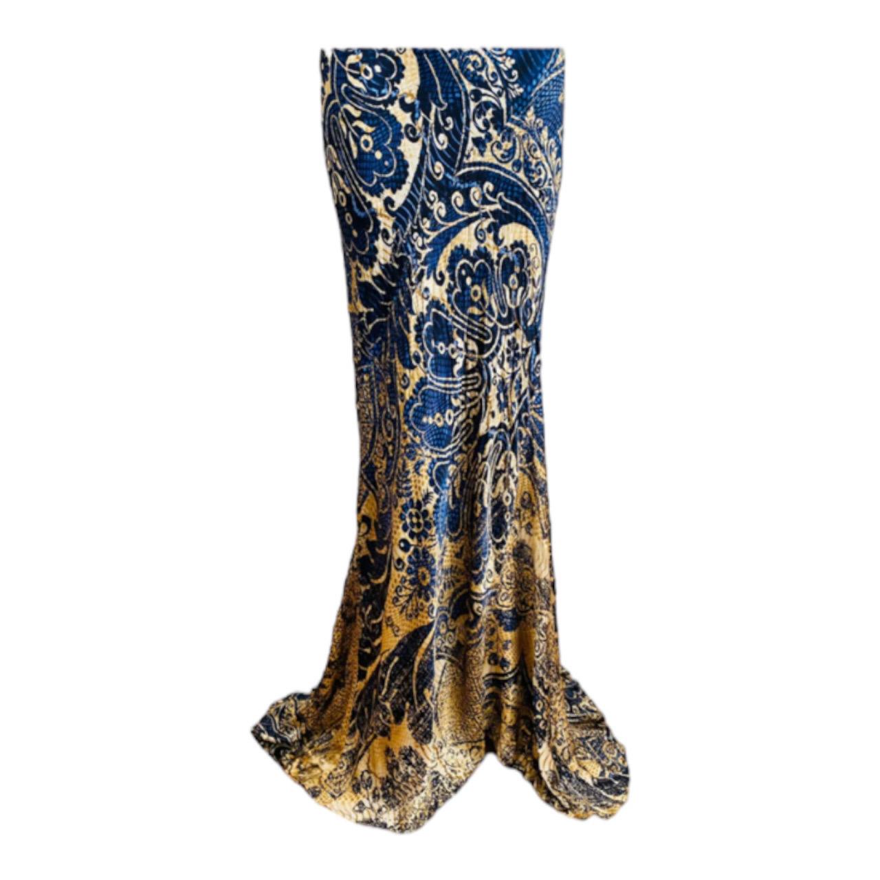 Vintage 2005 Roberto Cavalli Blue + Tan Printed Bias Silk Maxi Dress Mermaid Hem For Sale 1