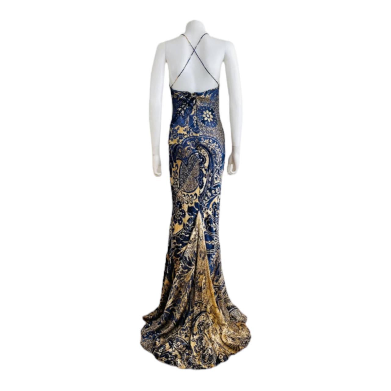 Vintage 2005 Roberto Cavalli Blue + Tan Printed Bias Silk Maxi Dress Mermaid Hem For Sale 3