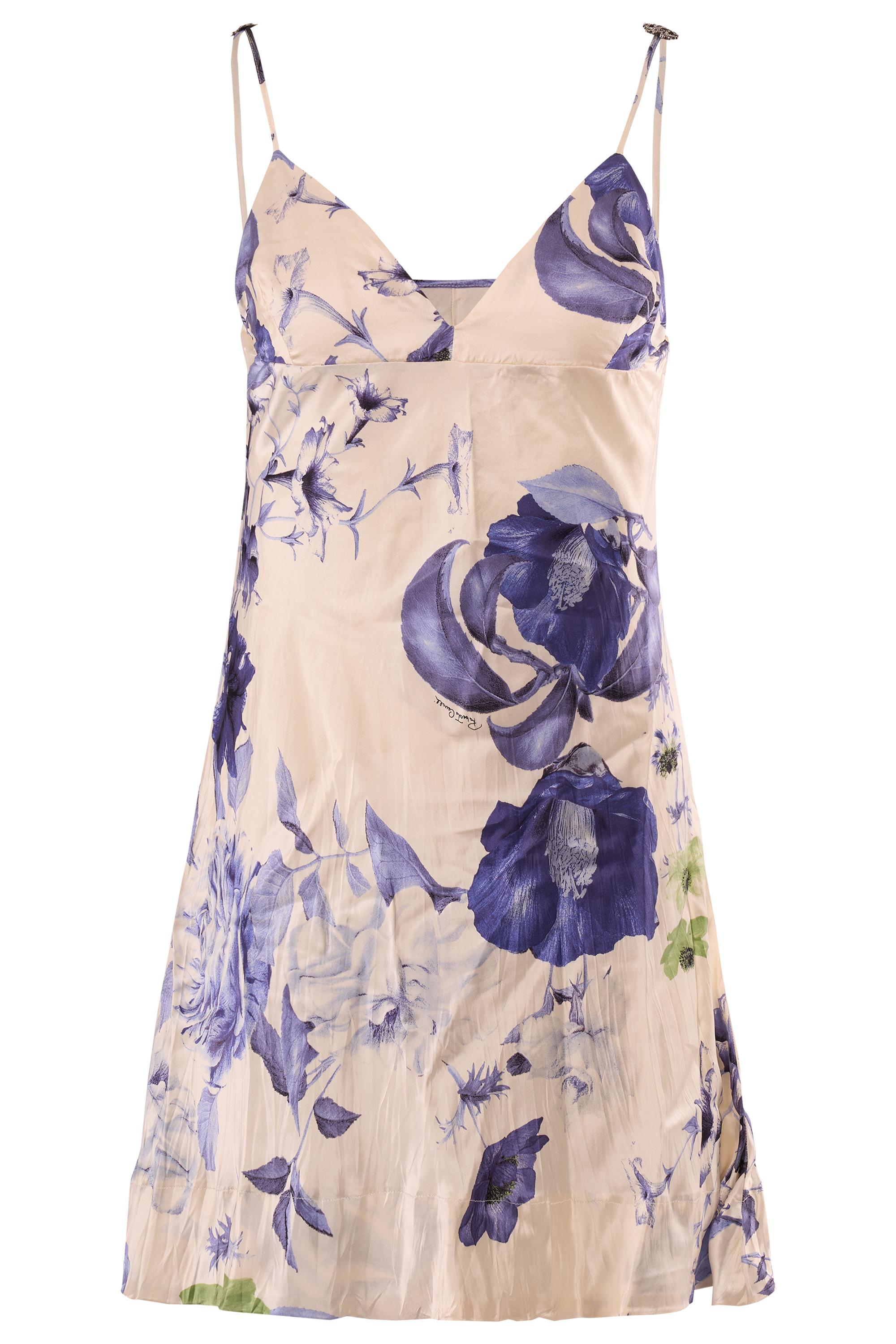 Vintage 2005 Roberto Cavalli Laufsteg Blau geblümtes Minikleid aus Seide (Beige) im Angebot