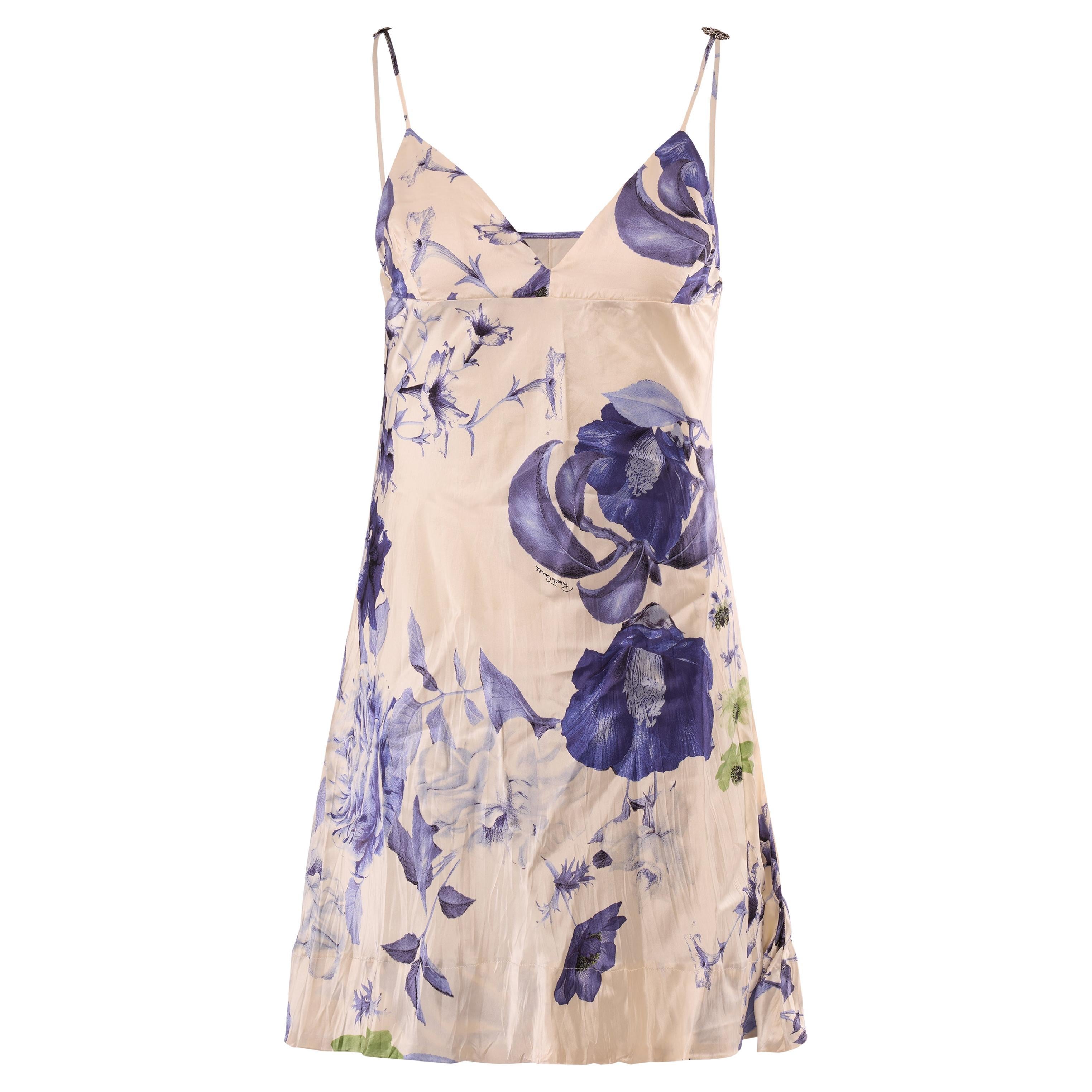 Vintage 2005 Roberto Cavalli Laufsteg Blau geblümtes Minikleid aus Seide im Angebot