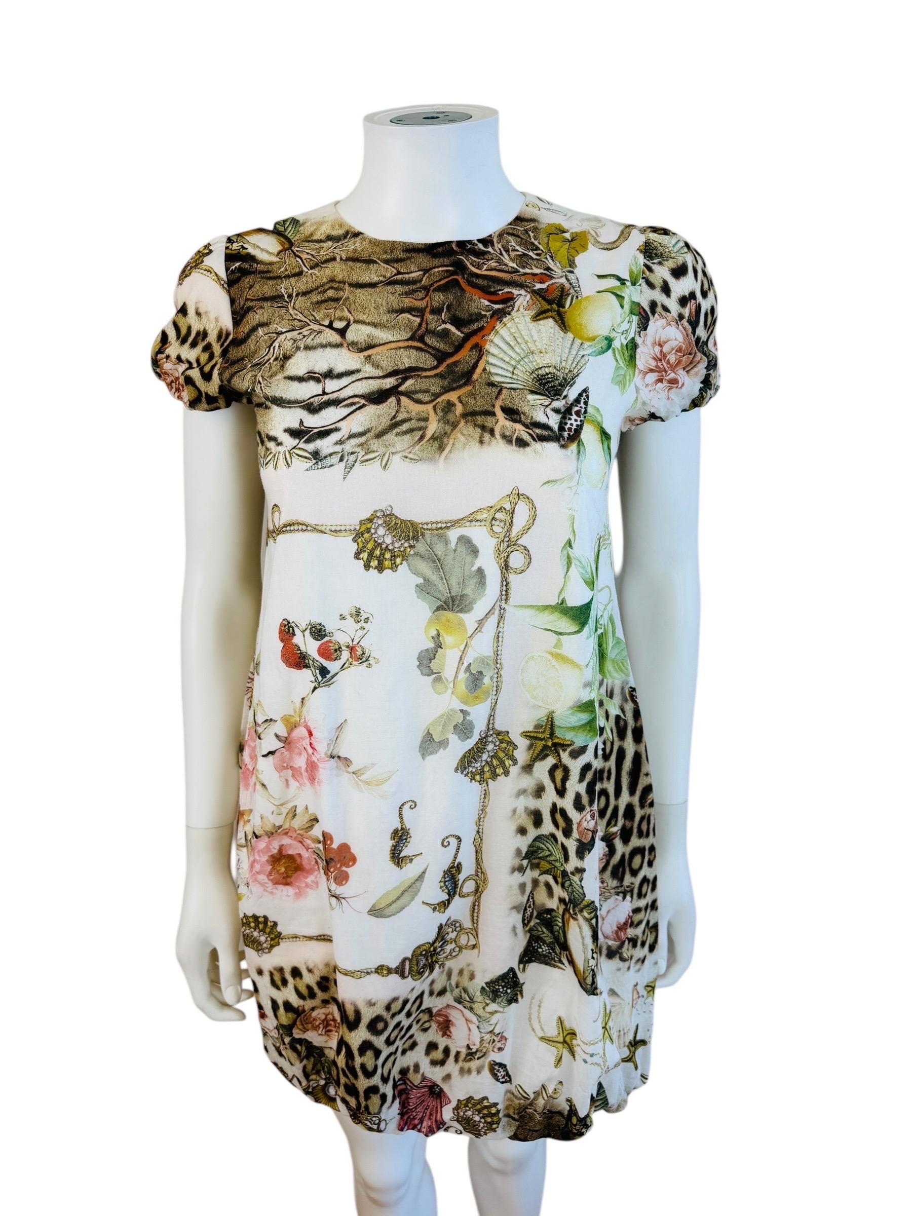 Vintage 2005 Roberto Cavalli Muschel Leopard Koralle Babydoll Blasen-Minikleid (Grau) im Angebot