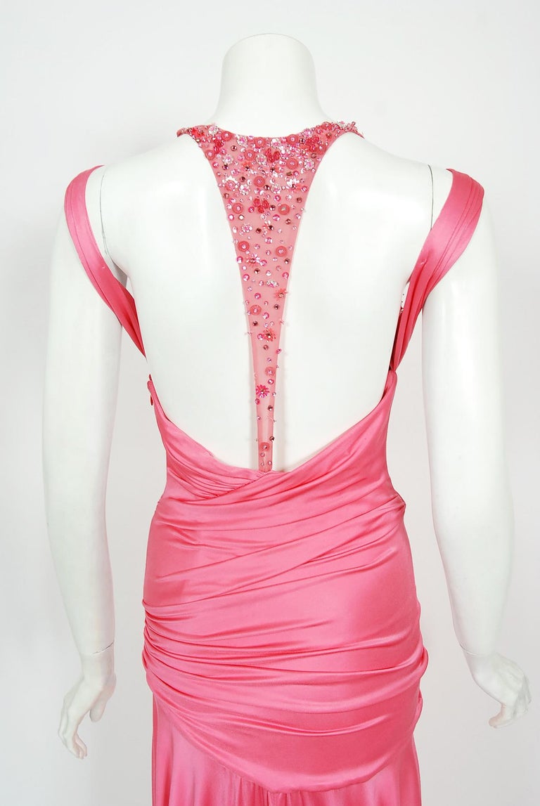 Vintage 2005 Versace Couture Runway Hot Pink Beaded Stretch Silk High-Low Gown For Sale 6