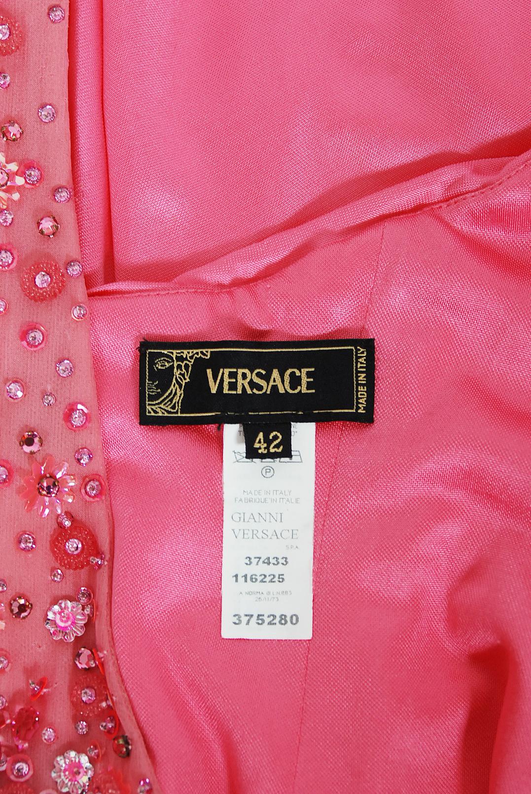 Vintage 2005 Versace Couture Runway Barbie Pink Beaded Stretch Silk Plunge Gown 6