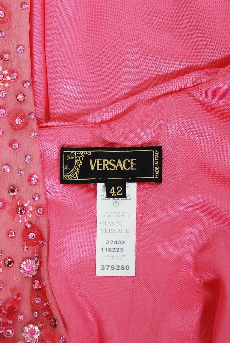 Vintage 2005 Versace Couture Runway Hot Pink Beaded Stretch Silk High-Low Gown For Sale 7