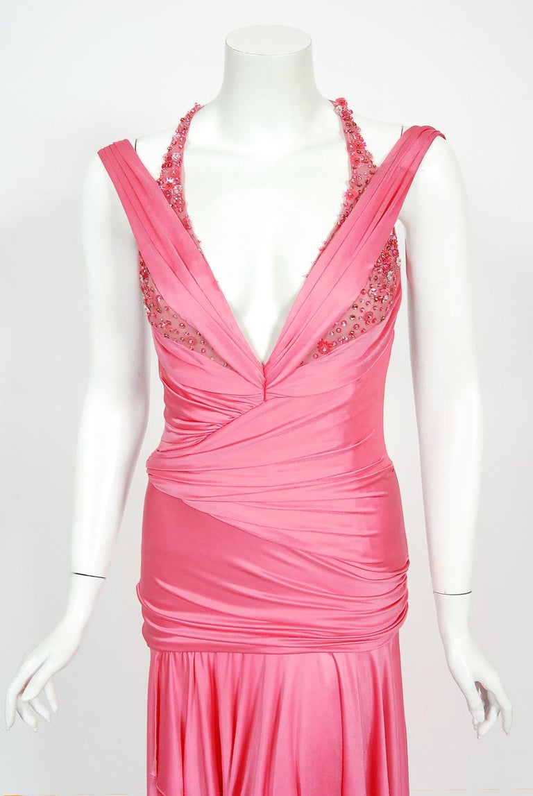 Vintage 2005 Versace Couture Runway Hot Pink Beaded Stretch Silk High-Low Gown In Good Condition For Sale In Beverly Hills, CA