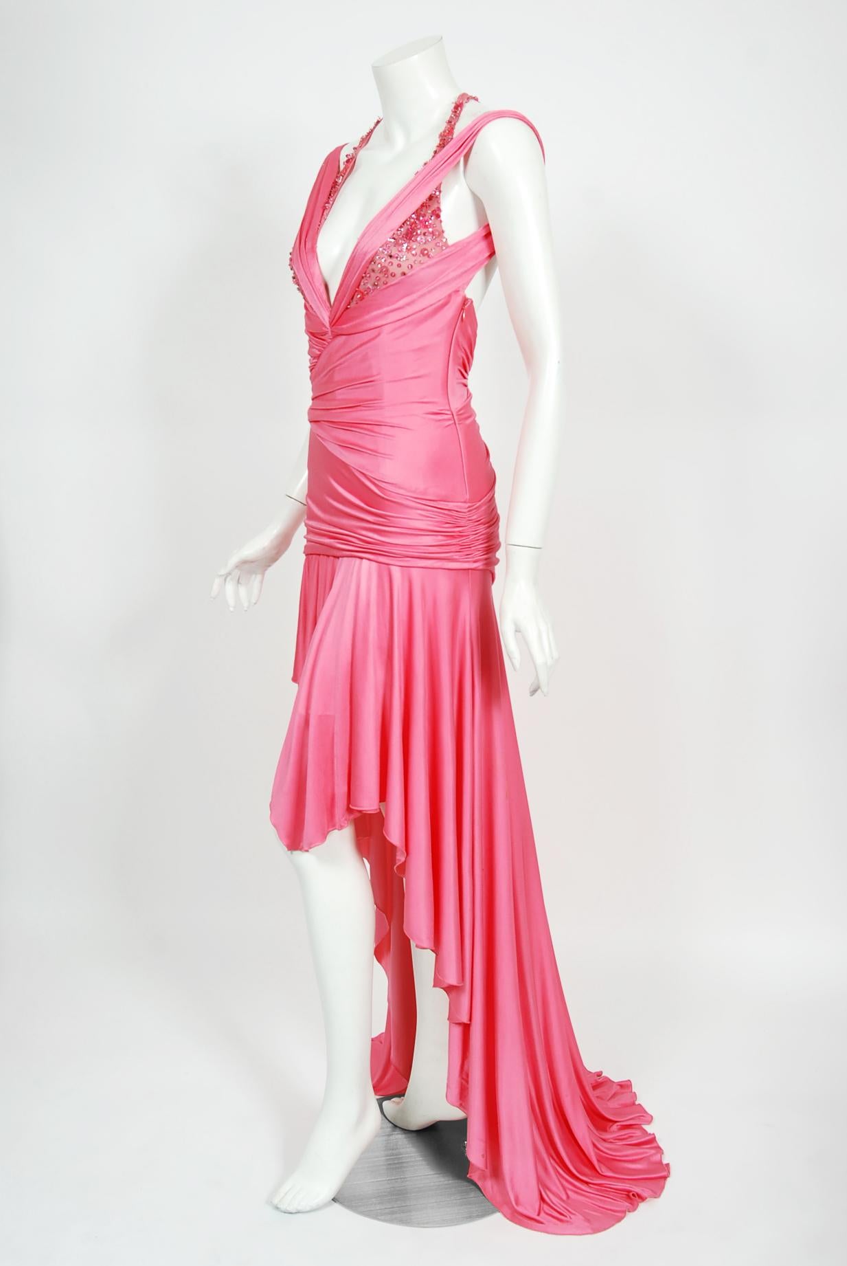 Vintage 2005 Versace Couture Runway Barbie Pink Beaded Stretch Silk Plunge Gown In Good Condition In Beverly Hills, CA