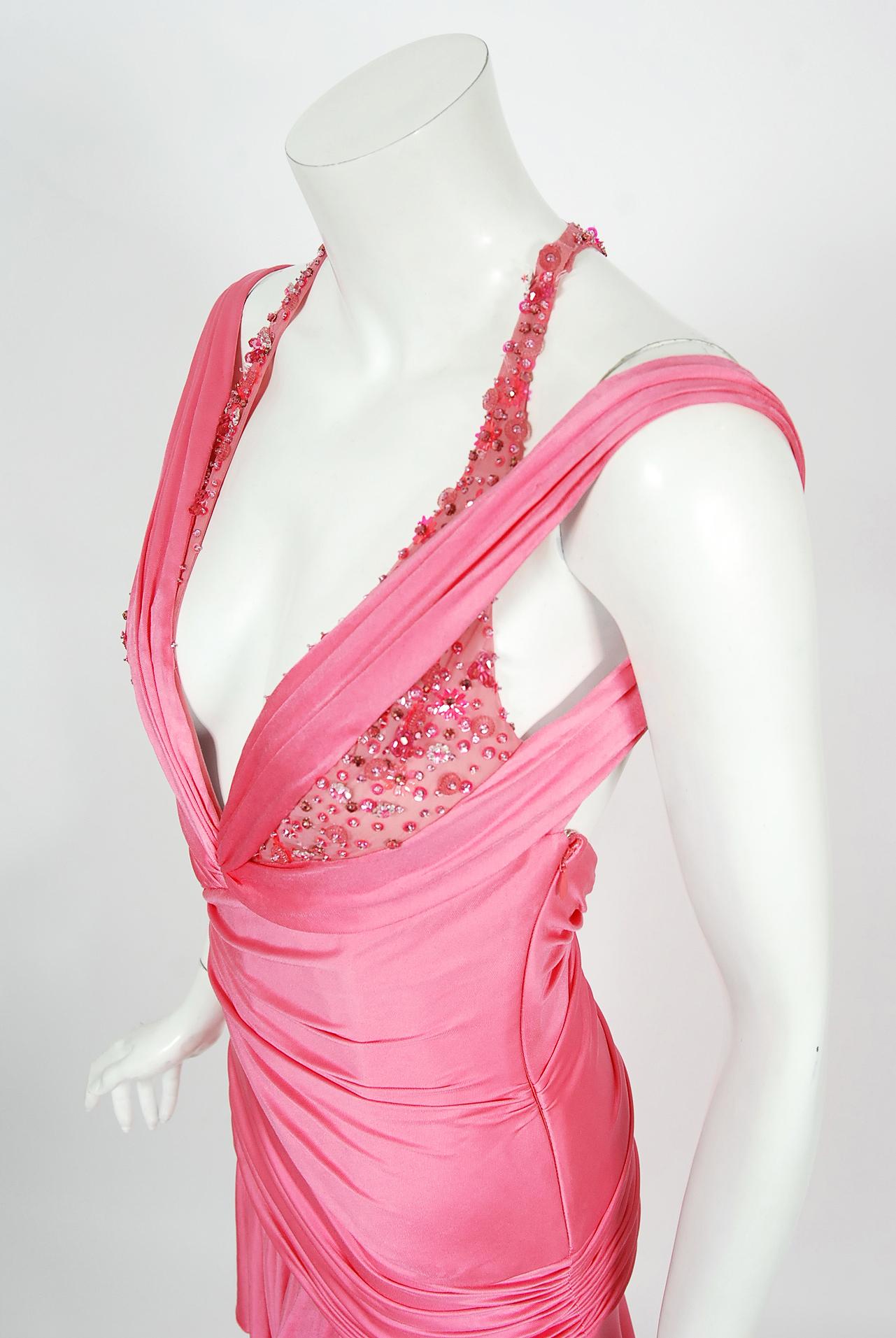 Women's Vintage 2005 Versace Couture Runway Barbie Pink Beaded Stretch Silk Plunge Gown