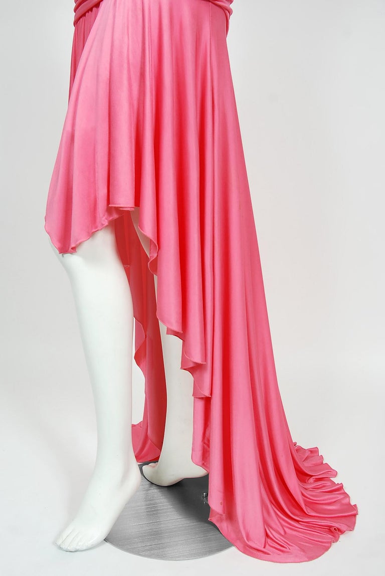 Vintage 2005 Versace Couture Runway Hot Pink Beaded Stretch Silk High-Low Gown For Sale 2