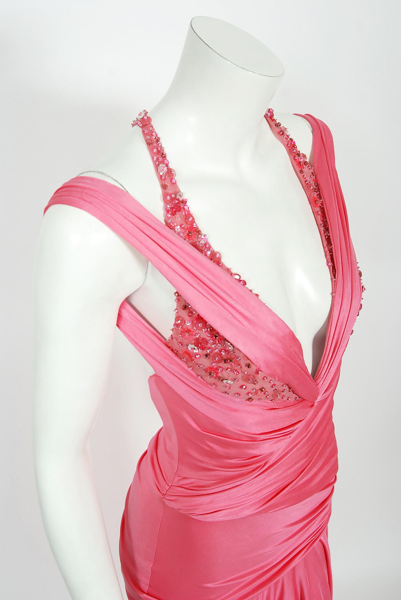 Vintage 2005 Versace Couture Runway Barbie Pink Beaded Stretch Silk Plunge Gown 2