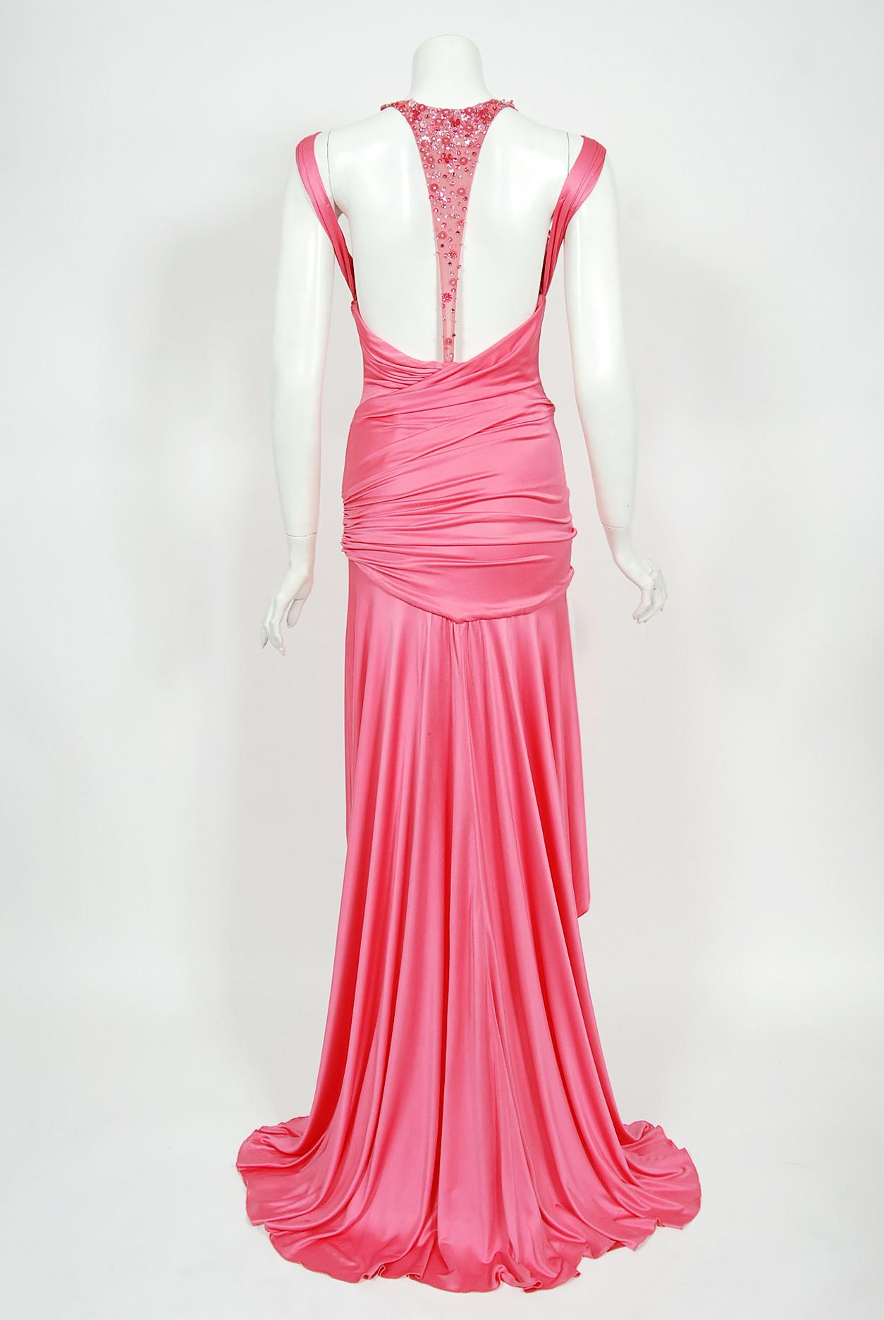 Vintage 2005 Versace Couture Runway Barbie Pink Beaded Stretch Silk Plunge Gown 4