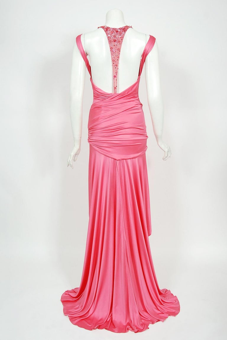 Vintage 2005 Versace Couture Runway Hot Pink Beaded Stretch Silk High-Low Gown For Sale 5