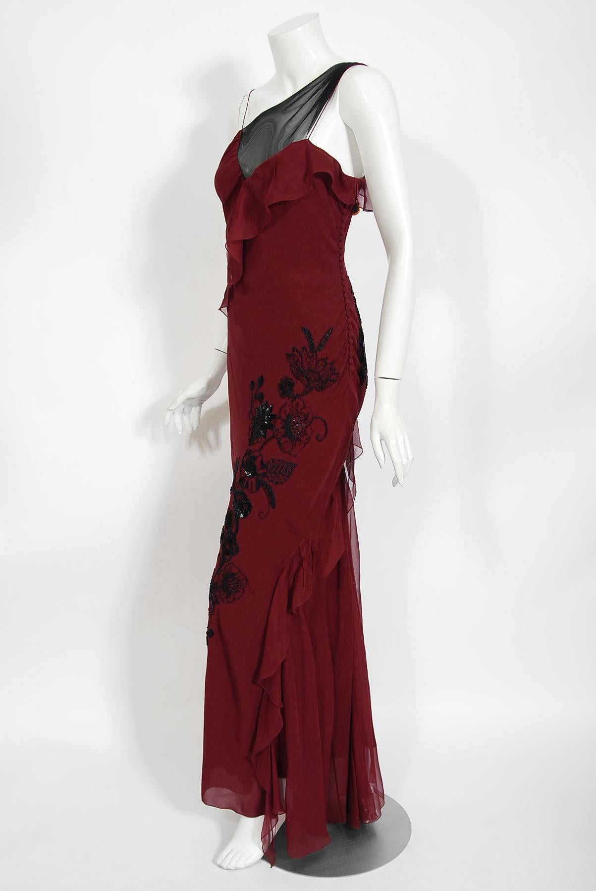 Brown Vintage 2006 Christian Dior by John Galliano Beaded Burgundy Silk Bias-Cut Gown