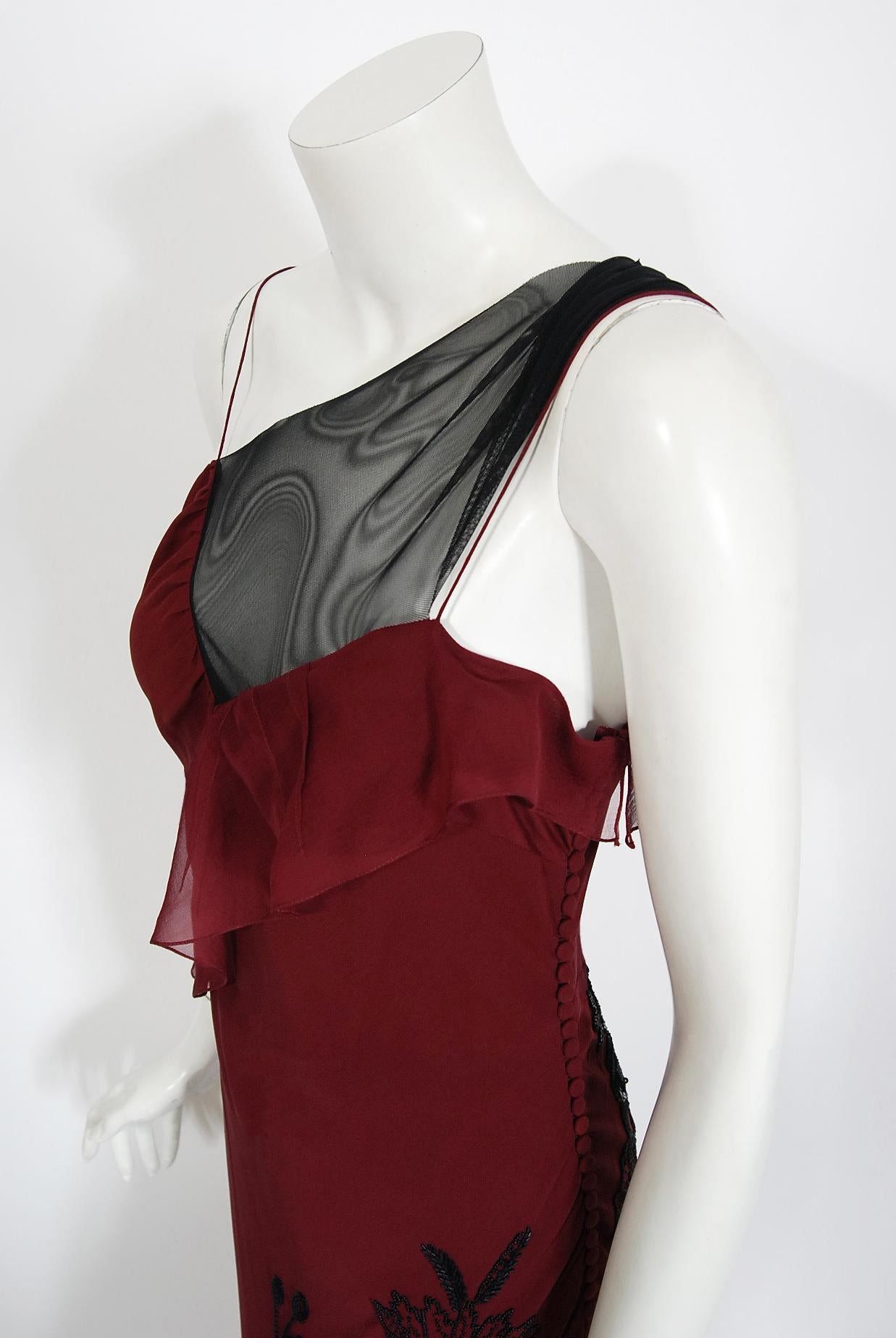 Vintage 2006 Christian Dior by John Galliano Beaded Burgundy Silk Bias-Cut Gown In Good Condition In Beverly Hills, CA