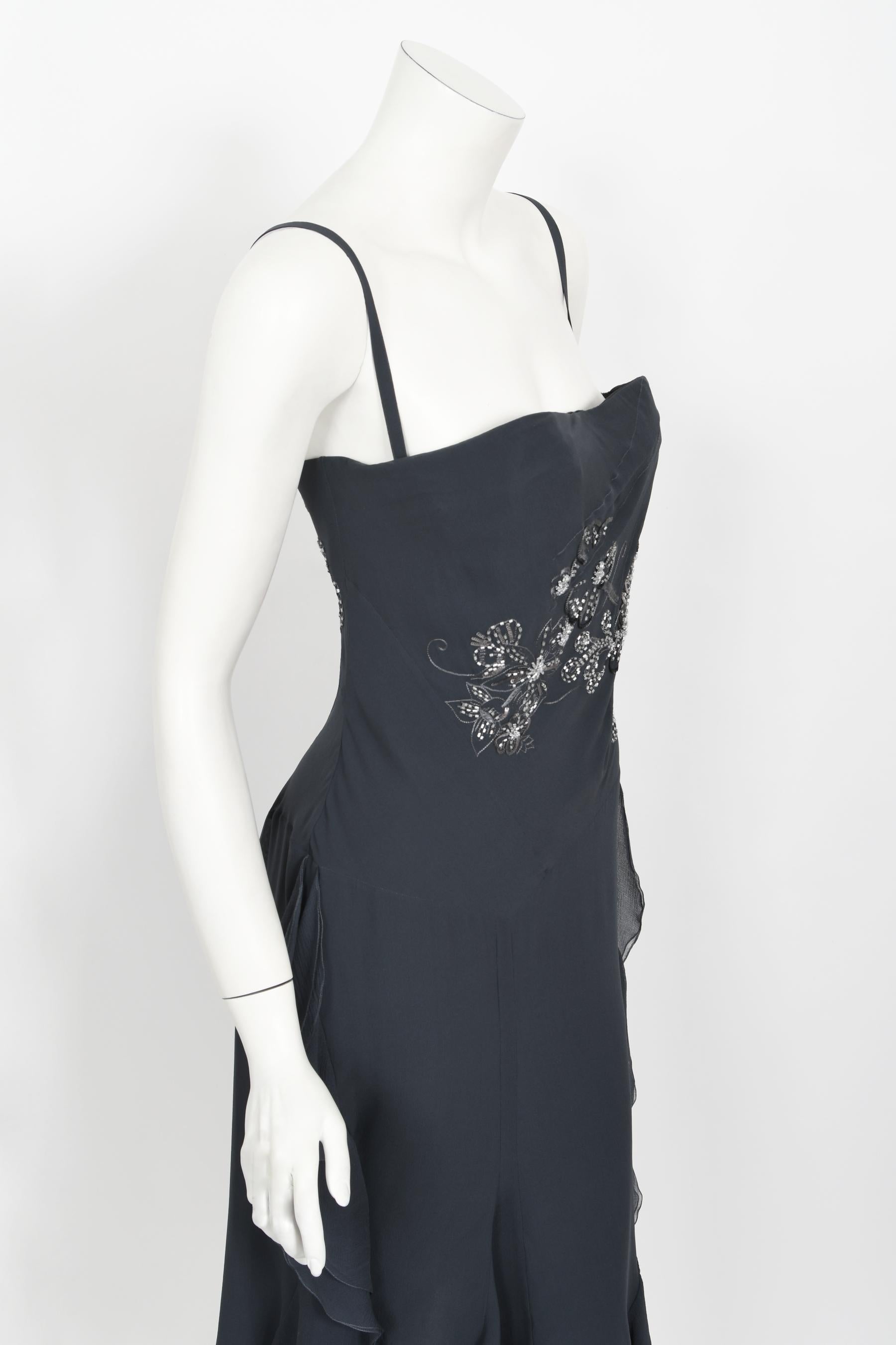 Vintage 2006 Christian Dior by John Galliano Beaded Gunmetal Silk Bustier Dress  For Sale 5