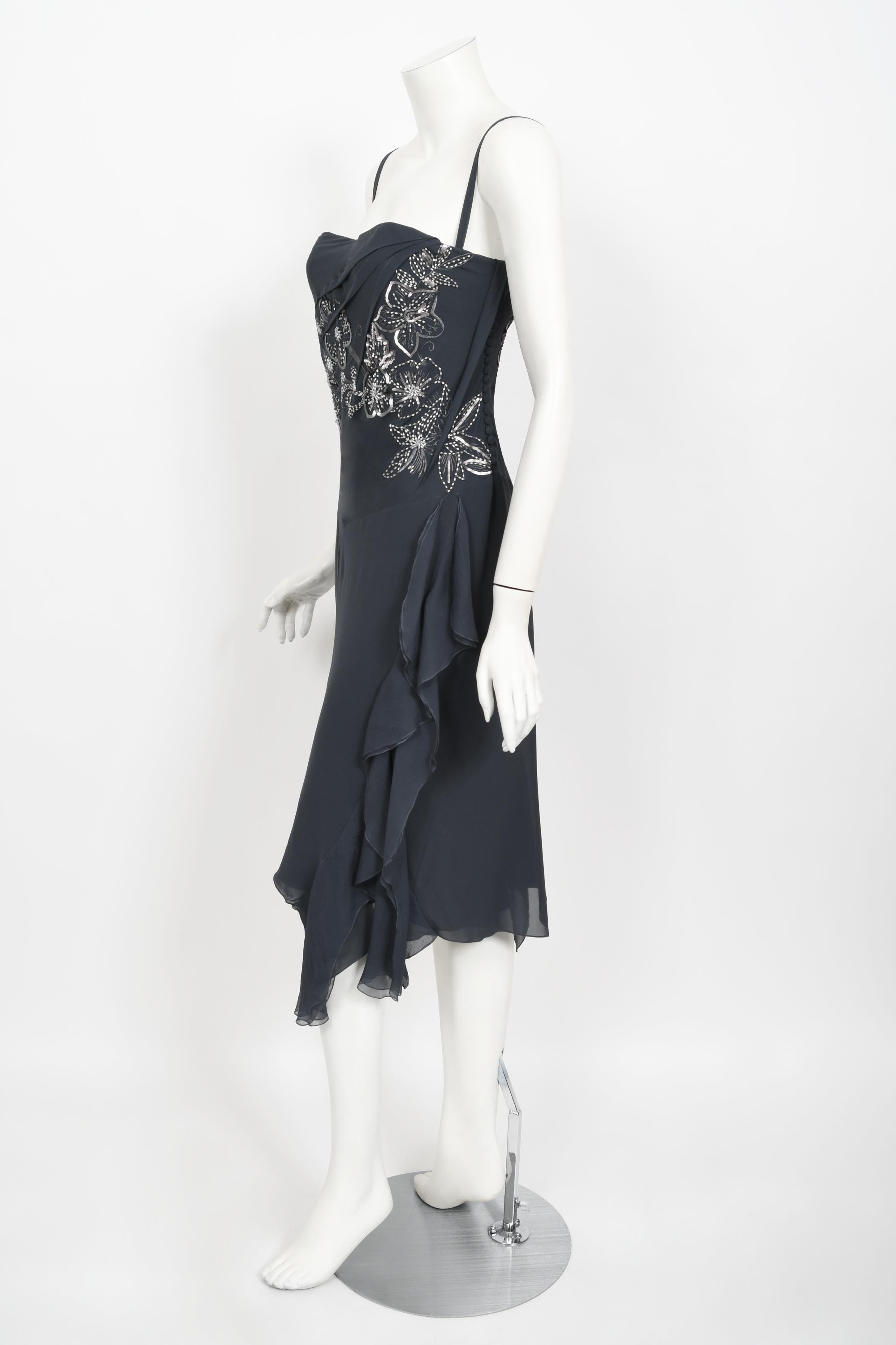 An absolutely stunning and highly coveted Christian Dior gunmetal grey beaded silk chiffon bias-cut bustier dress dating back to John Galliano's 2006 fall-winter collection. John Galliano is widely considered one of the most innovative and