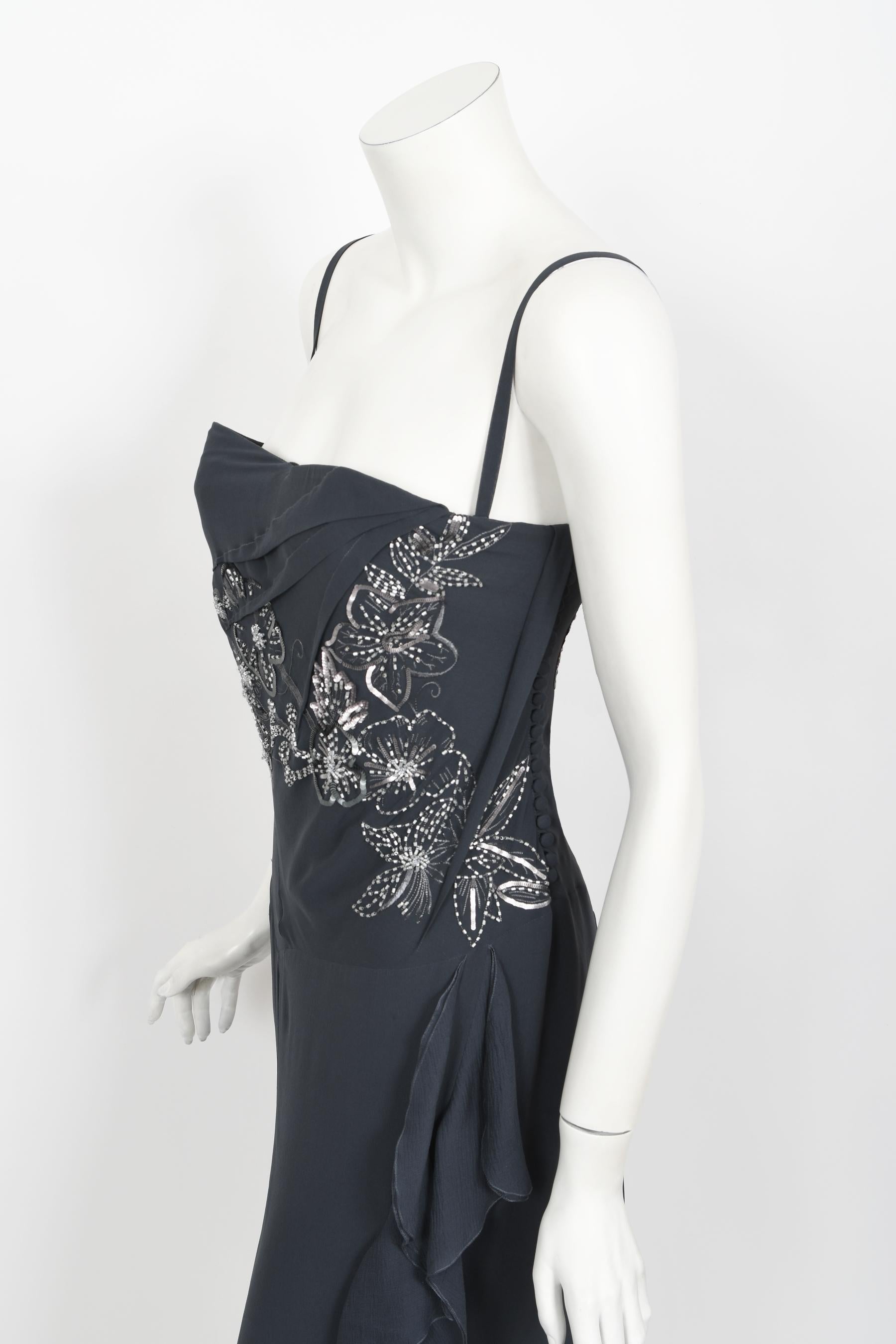 Black Vintage 2006 Christian Dior by John Galliano Beaded Gunmetal Silk Bustier Dress  For Sale