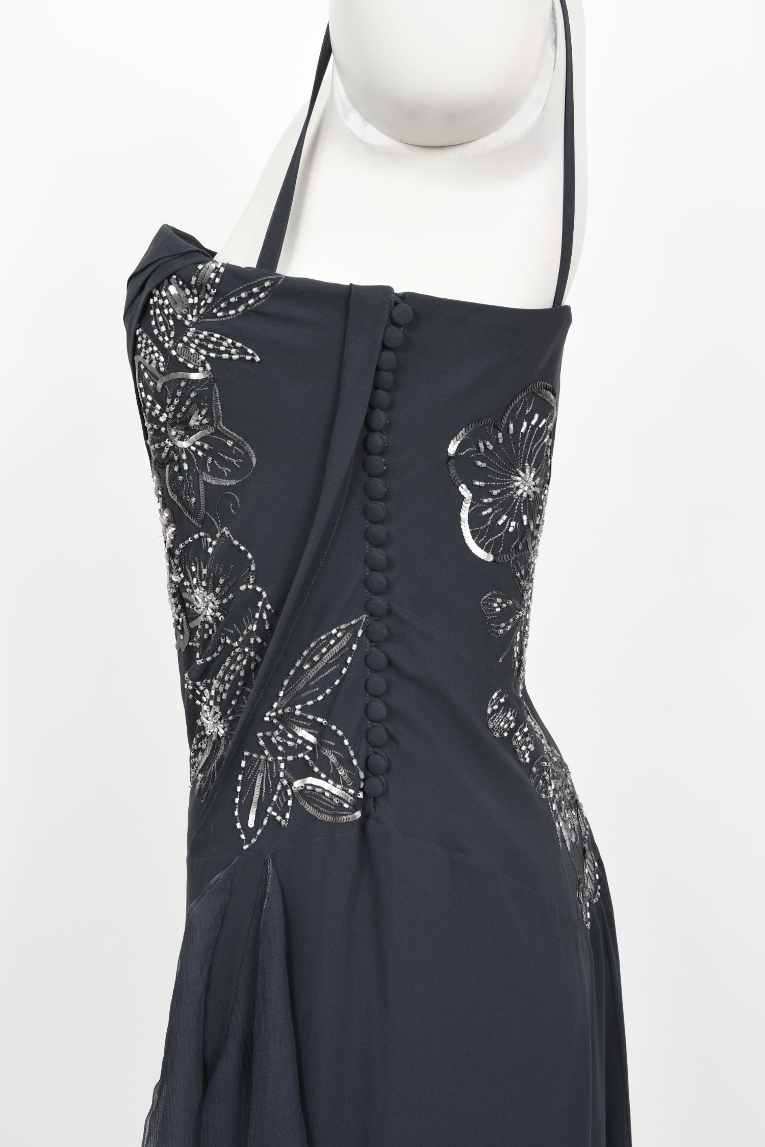 Vintage 2006 Christian Dior by John Galliano Beaded Gunmetal Silk Bustier Dress  In Good Condition For Sale In Beverly Hills, CA