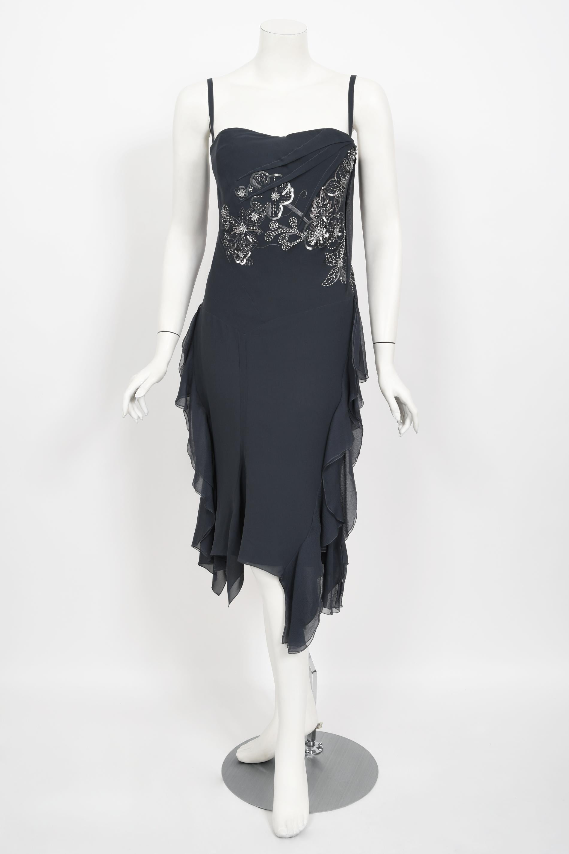 Vintage 2006 Christian Dior by John Galliano Beaded Gunmetal Silk Bustier Dress  For Sale 1
