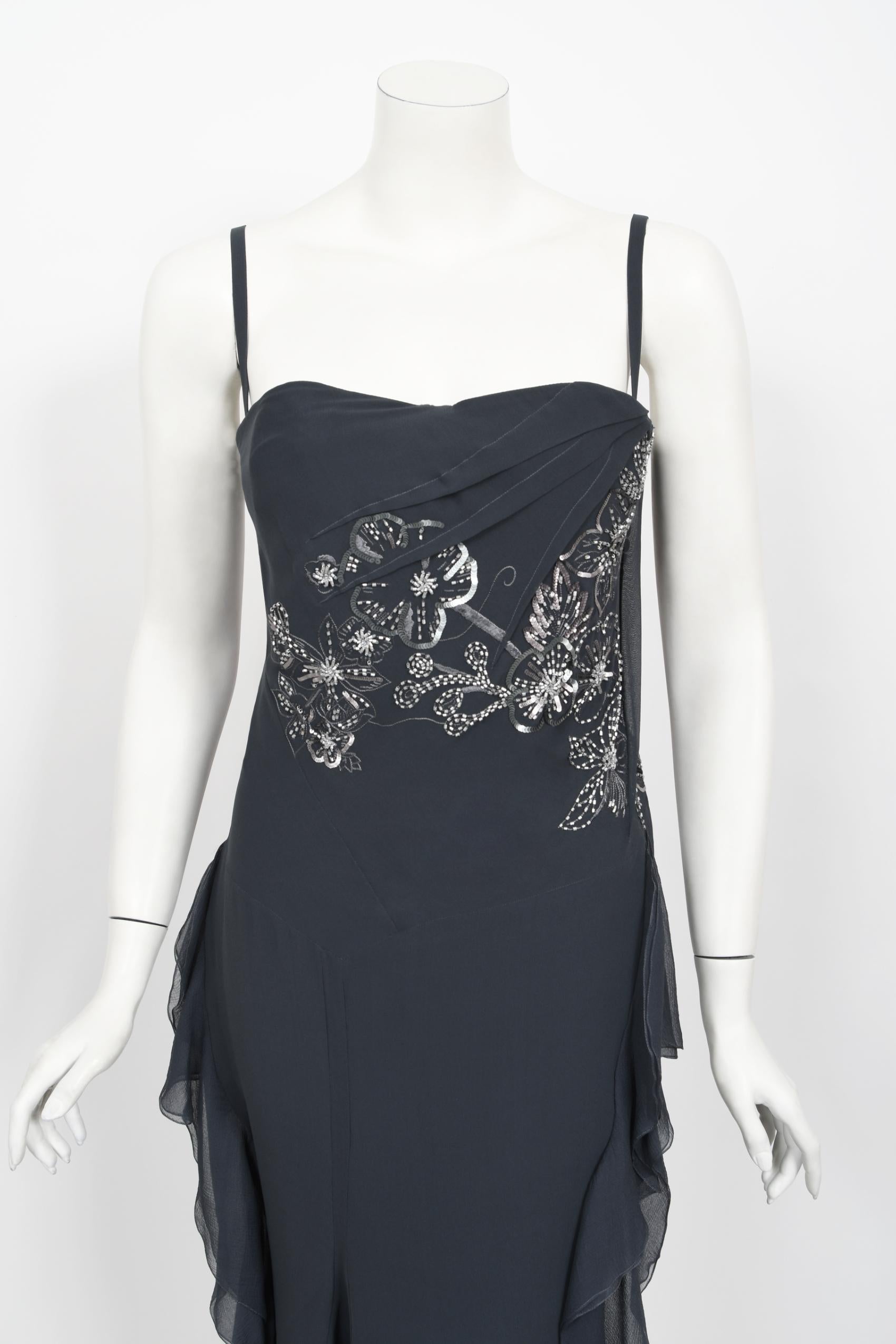 Vintage 2006 Christian Dior by John Galliano Beaded Gunmetal Silk Bustier Dress  For Sale 2