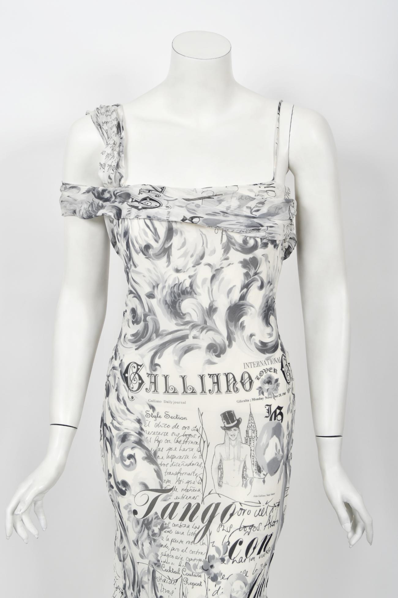 Donna Vintage 2006 John Galliano Documented Newspaper Print Silk Bias-Cut Slip Dress