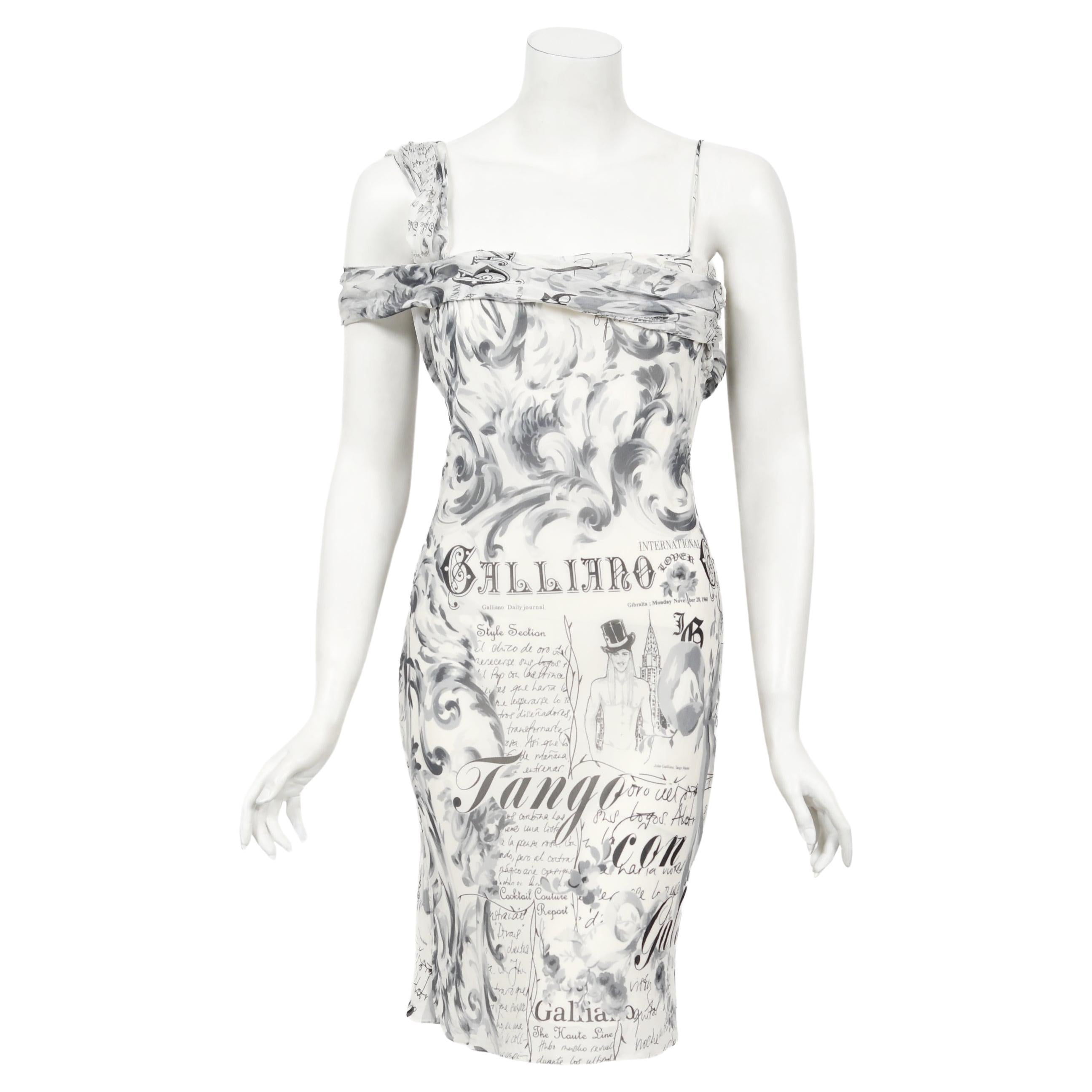 Vintage 2006 John Galliano Documented Newspaper Print Silk Bias-Cut Slip Dress 