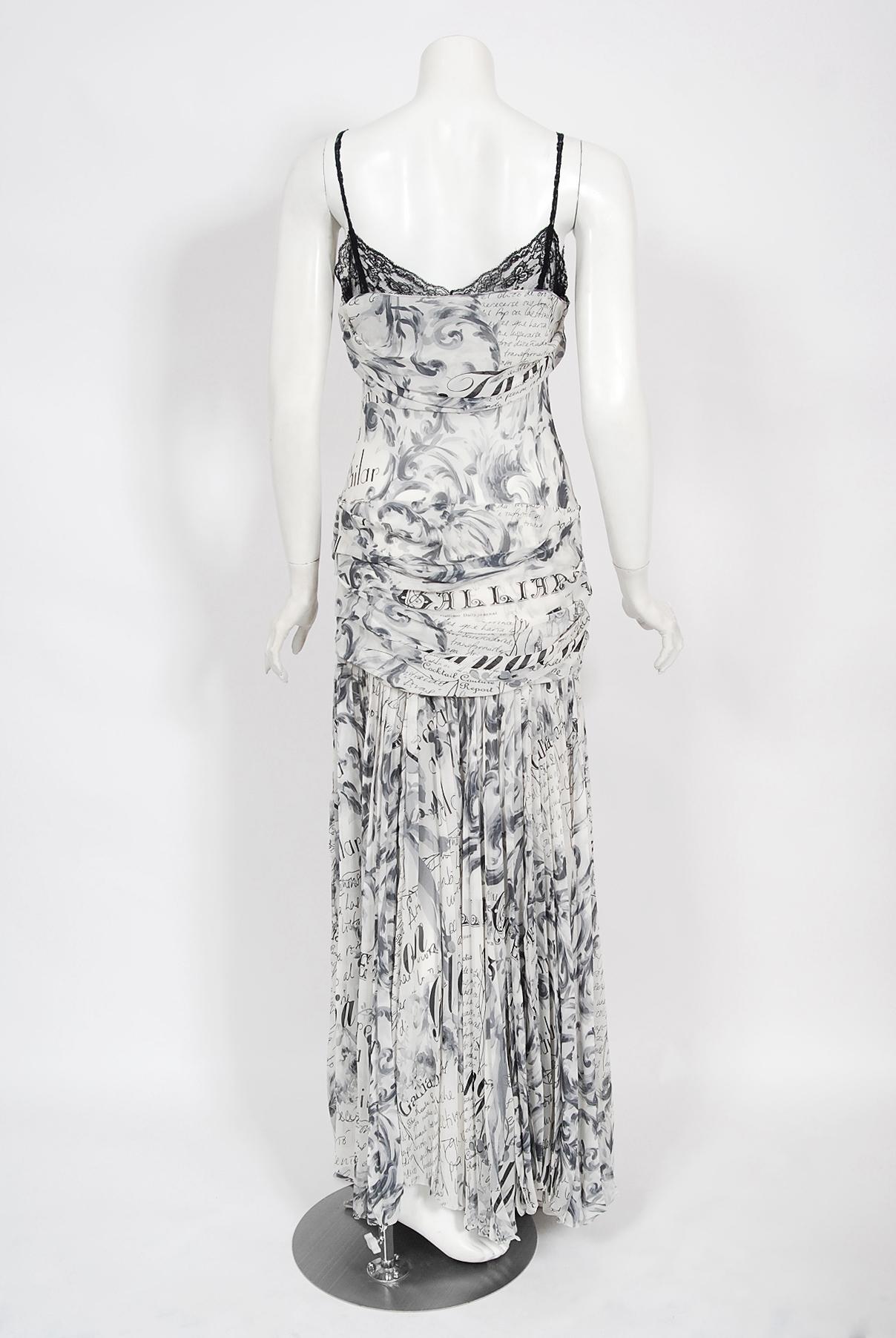 Vintage 2006 John Galliano Documented Runway Newspaper Print Silk & Lace Gown 11