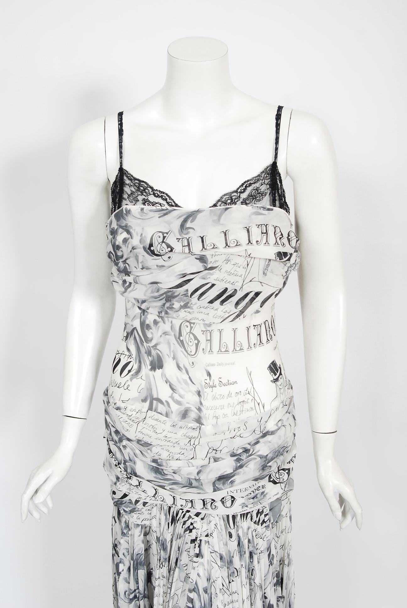 Vintage 2006 John Galliano Documented Runway Newspaper Print Silk & Lace Gown In Good Condition In Beverly Hills, CA