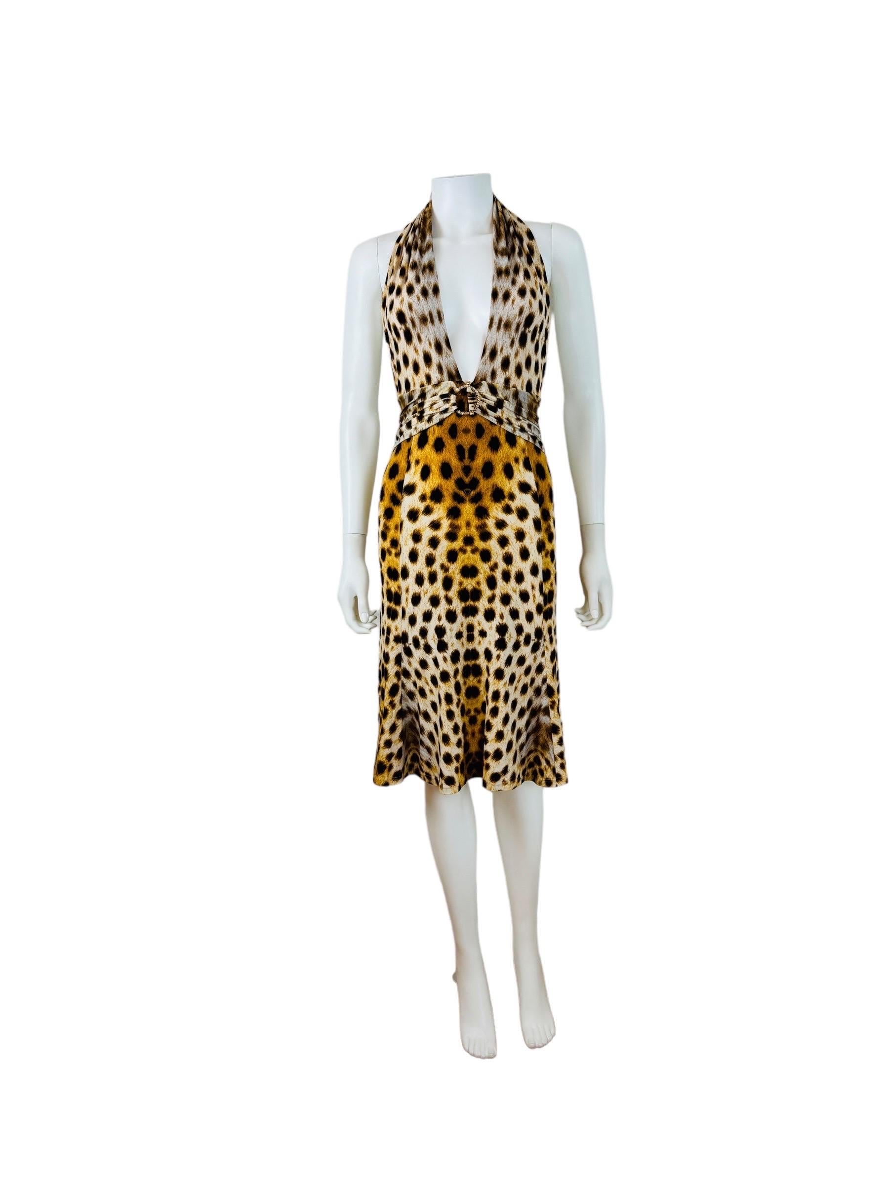 Vintage 2007 Roberto Cavalli Dress
Stretch fabric with cheetah print
Halter neckline
Low cut
Gold metal closure detail at the bust
Gathered fabric band at the waist
Knee length A line skirt
Open low cut back
Lined on bust only
Slips on