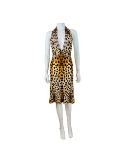 Vintage 2007 2000s Y2K Roberto Cavalli Halter Cheetah Animal Leopard Print Dress