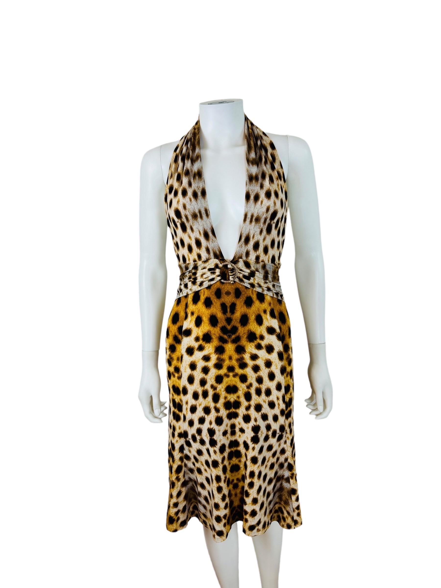Beige Vintage 2007 2000s Y2K Roberto Cavalli Halter Cheetah Animal Leopard Print Dress For Sale