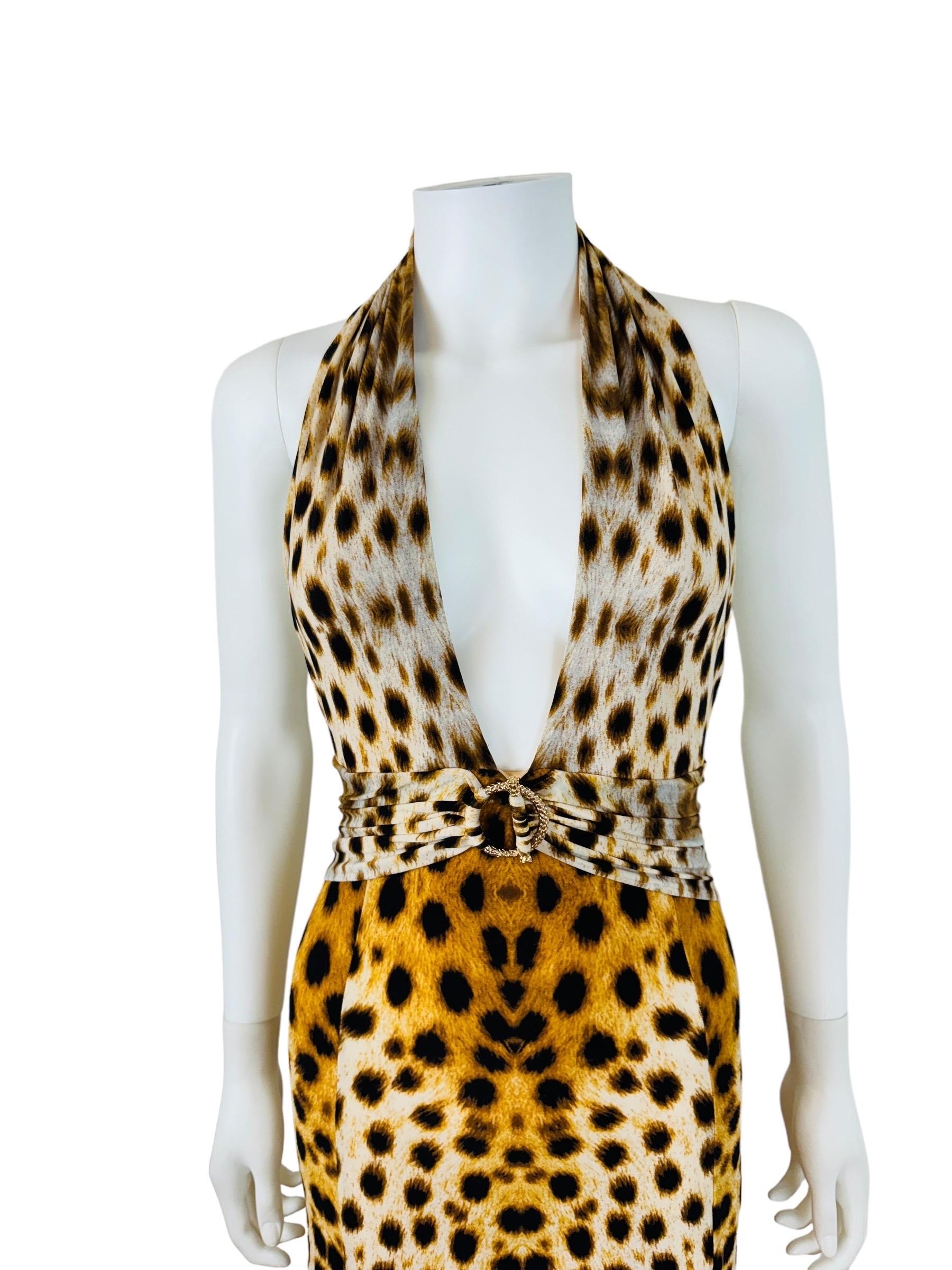 Vintage 2007 2000s Y2K Roberto Cavalli Halter Cheetah Animal Leopard Print Dress In Excellent Condition For Sale In Denver, CO