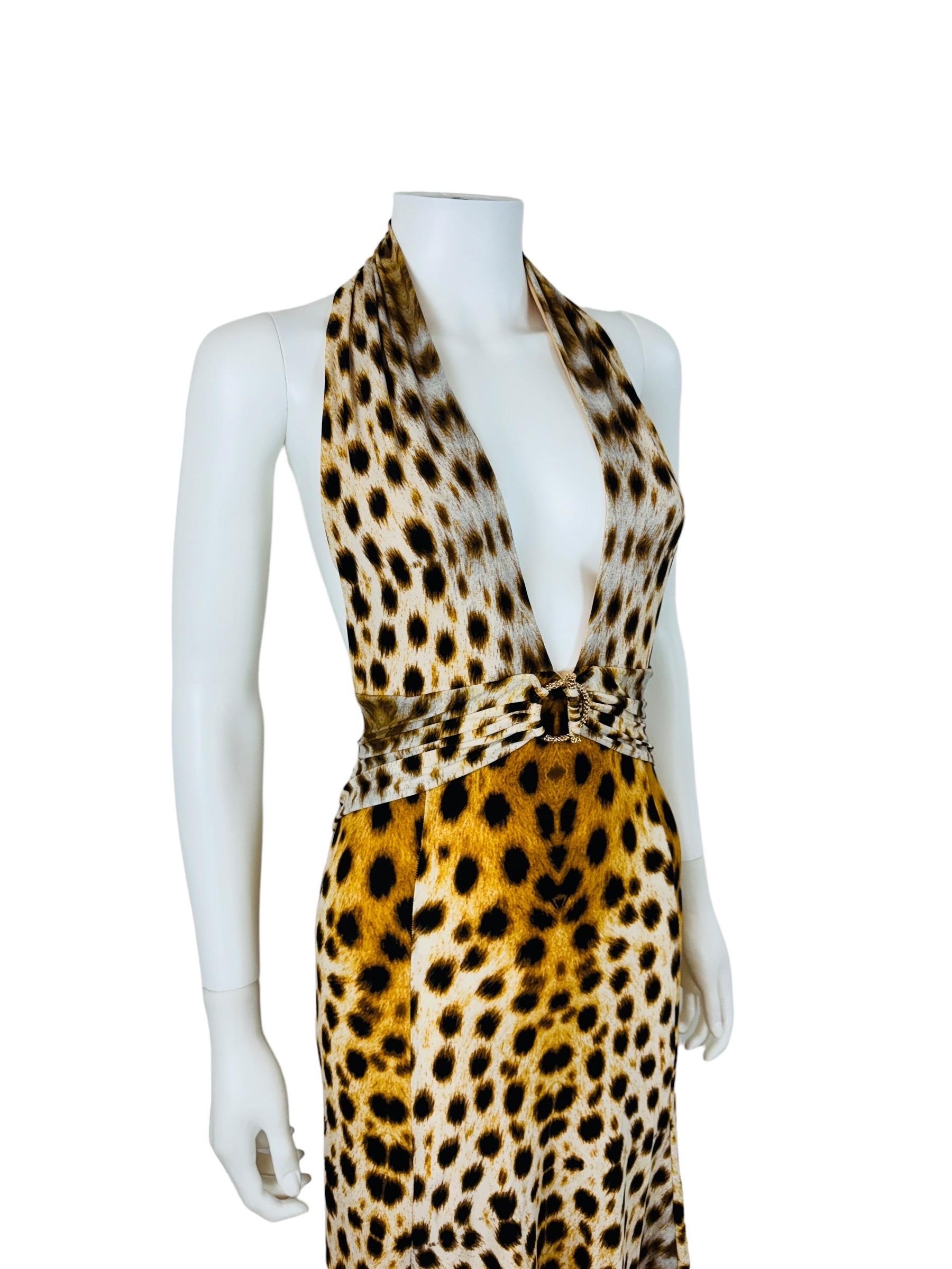 Women's or Men's Vintage 2007 2000s Y2K Roberto Cavalli Halter Cheetah Animal Leopard Print Dress For Sale