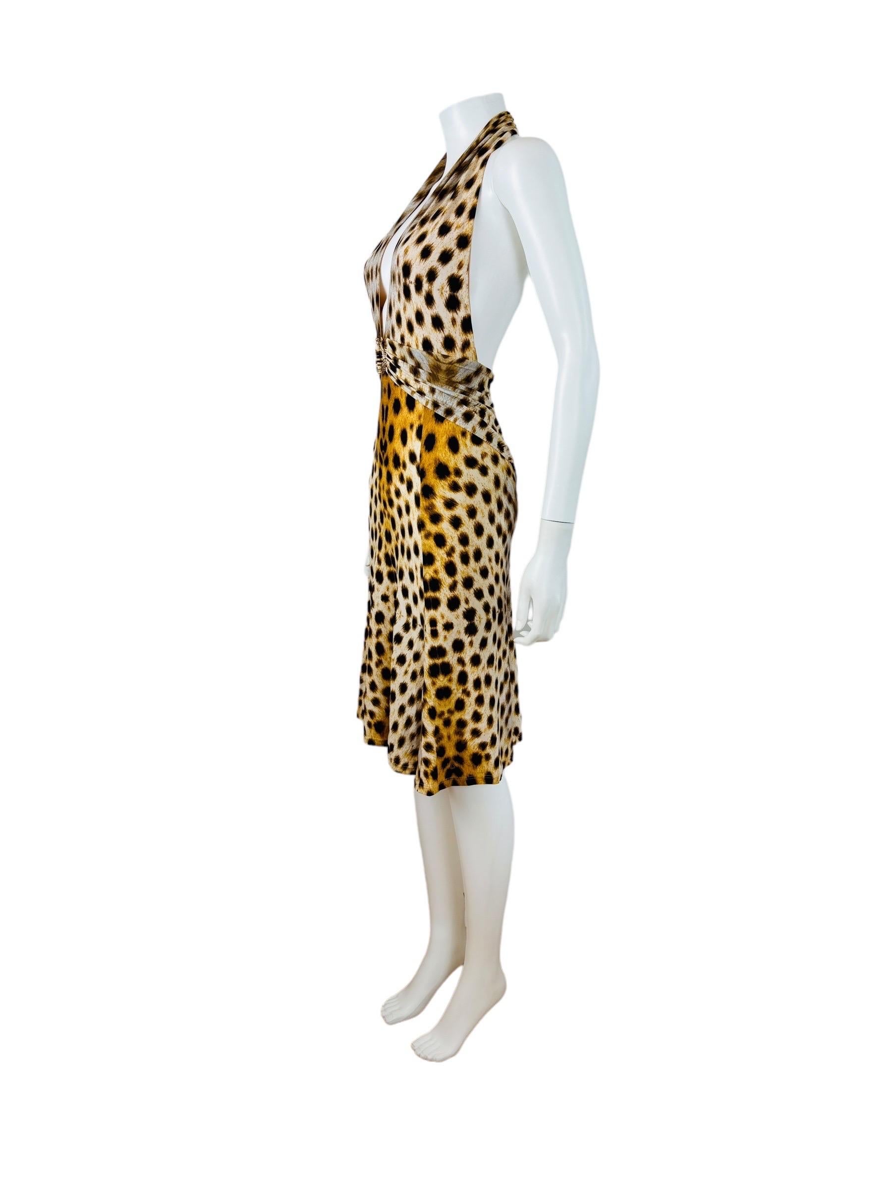 Vintage 2007 2000s Y2K Roberto Cavalli Halter Cheetah Animal Leopard Print Dress For Sale 1