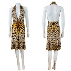 Vintage 2007 2000s Y2K Roberto Cavalli Halter Cheetah Animal Leopard Print Dress