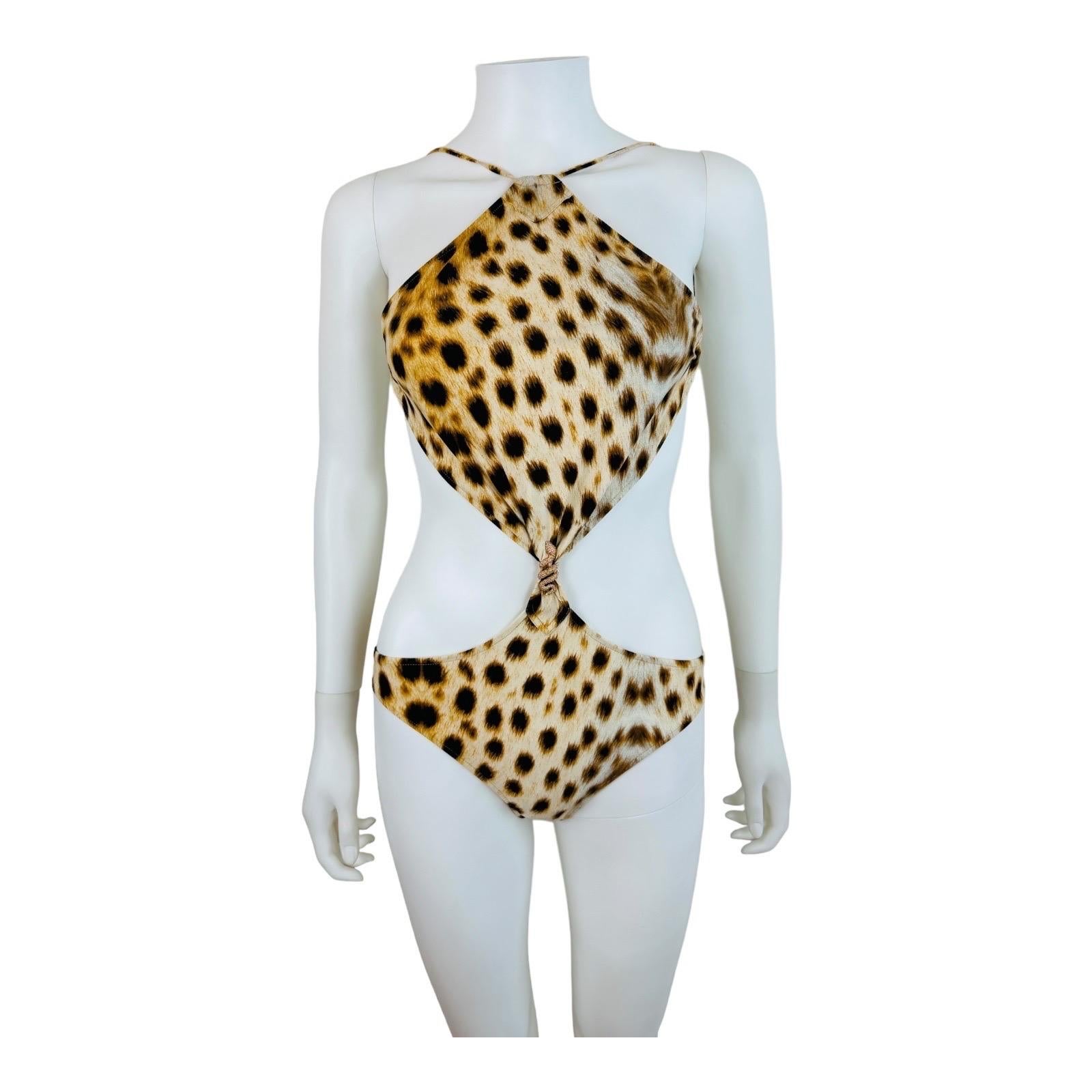 Gray Vintage 2007 Roberto Cavalli Halter Cheetah Animal Print Cut Out Bathing Suit For Sale