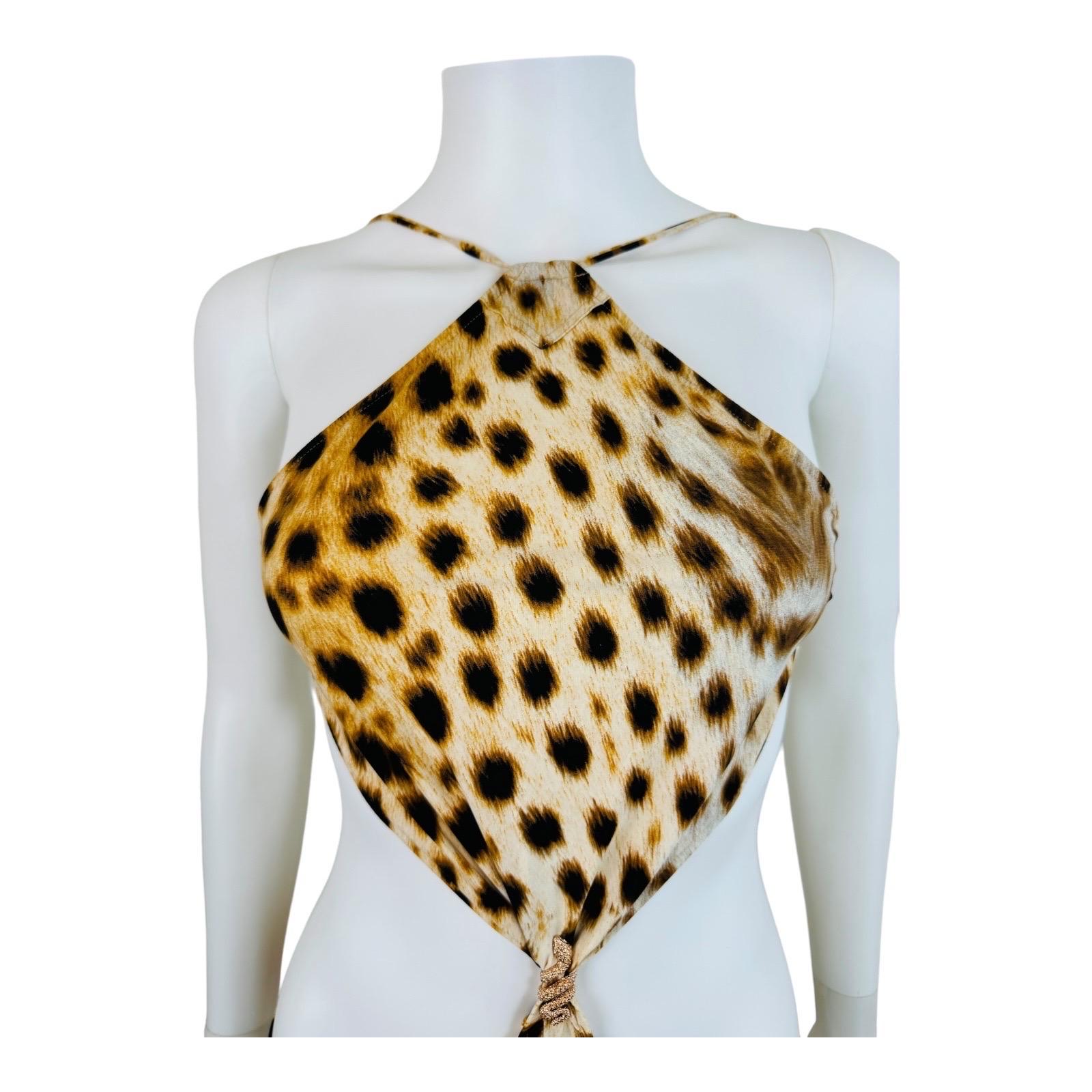 Vintage 2007 Roberto Cavalli Halter Cheetah Animal Print Cut Out Bathing Suit In Excellent Condition For Sale In Denver, CO