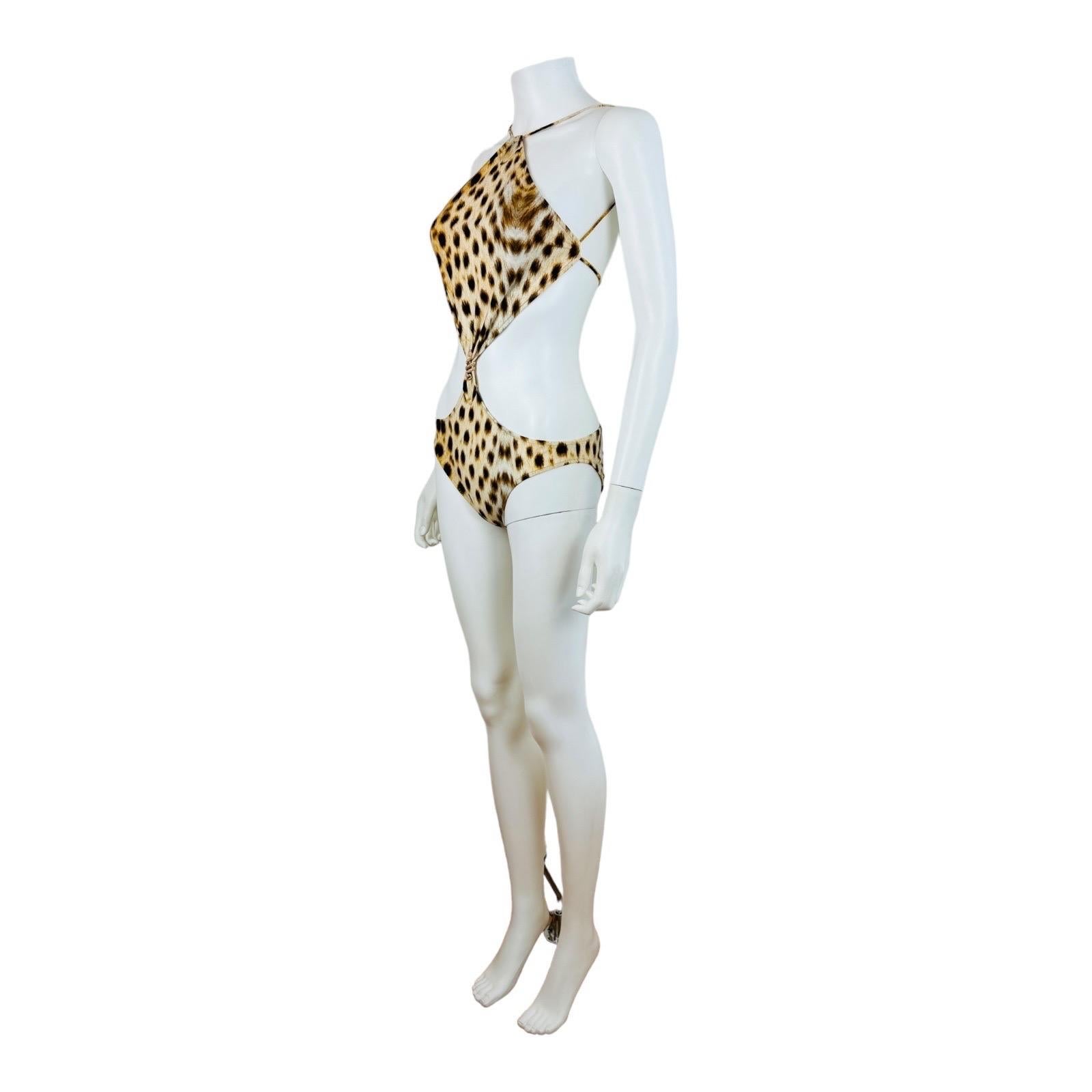Vintage 2007 Roberto Cavalli Halter Cheetah Animal Print Cut Out Bathing Suit For Sale 1