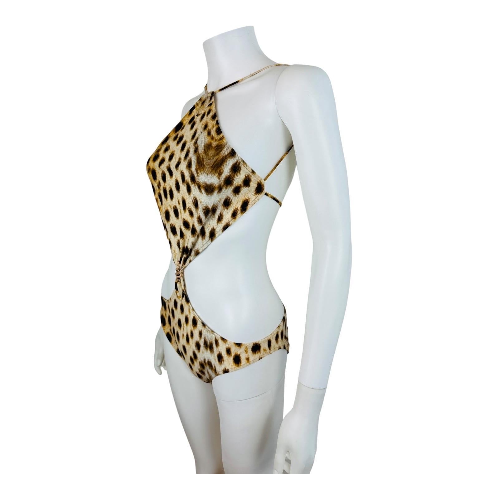 Vintage 2007 Roberto Cavalli Halter Cheetah Animal Print Cut Out Bathing Suit For Sale 2
