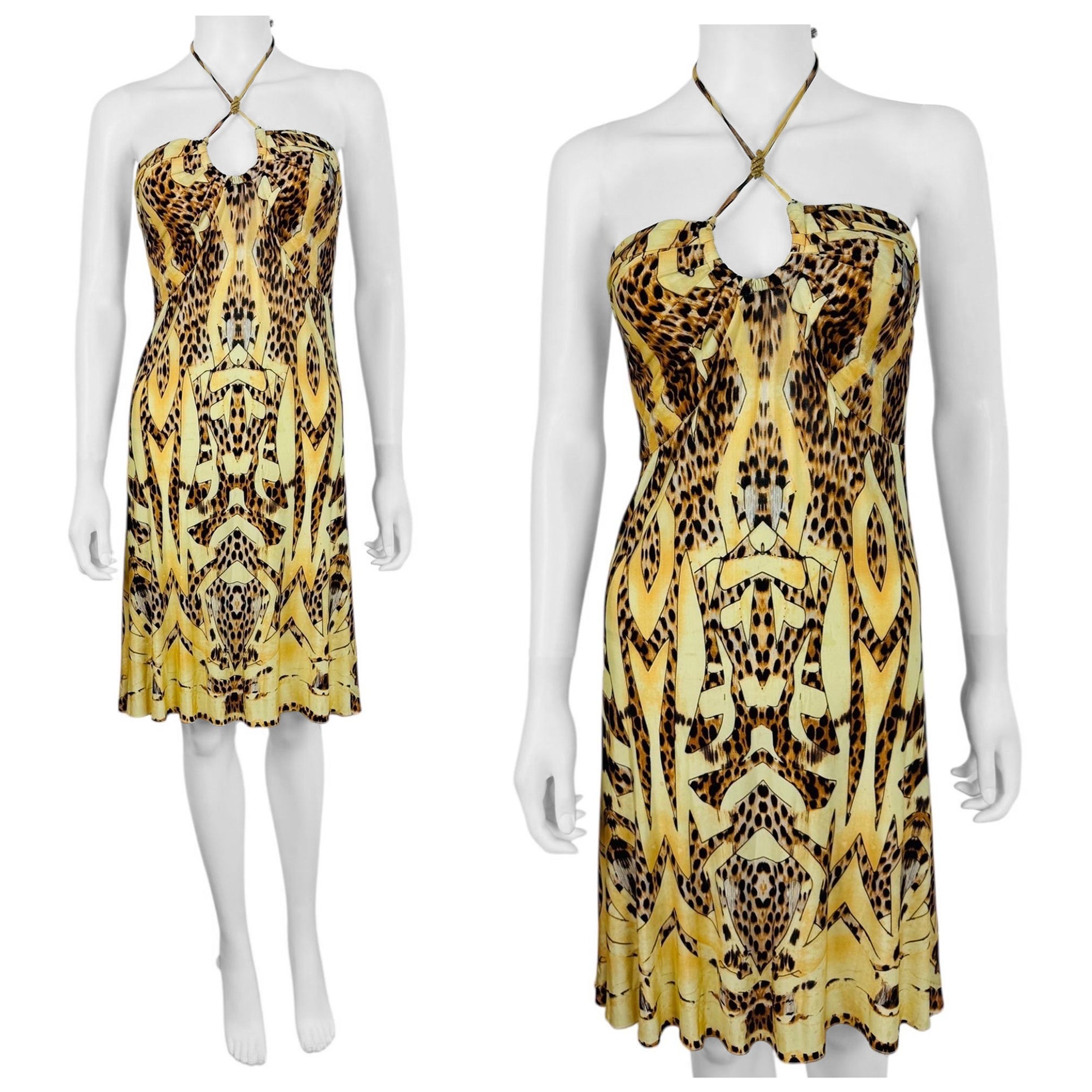 Vintage 2007 Roberto Cavalli Halter Neckline Gold Snake Medallion Mini Dress For Sale