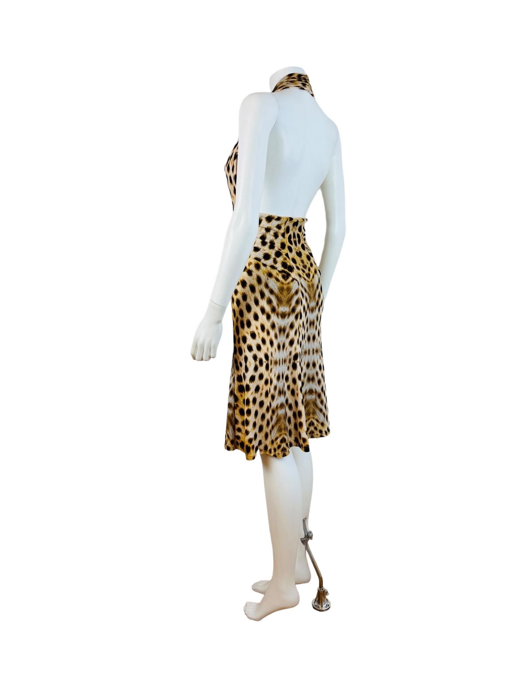 Vintage 2007 Y2K Roberto Cavalli Halter Cheetah Animal Leopard Print Dress Midi For Sale 5