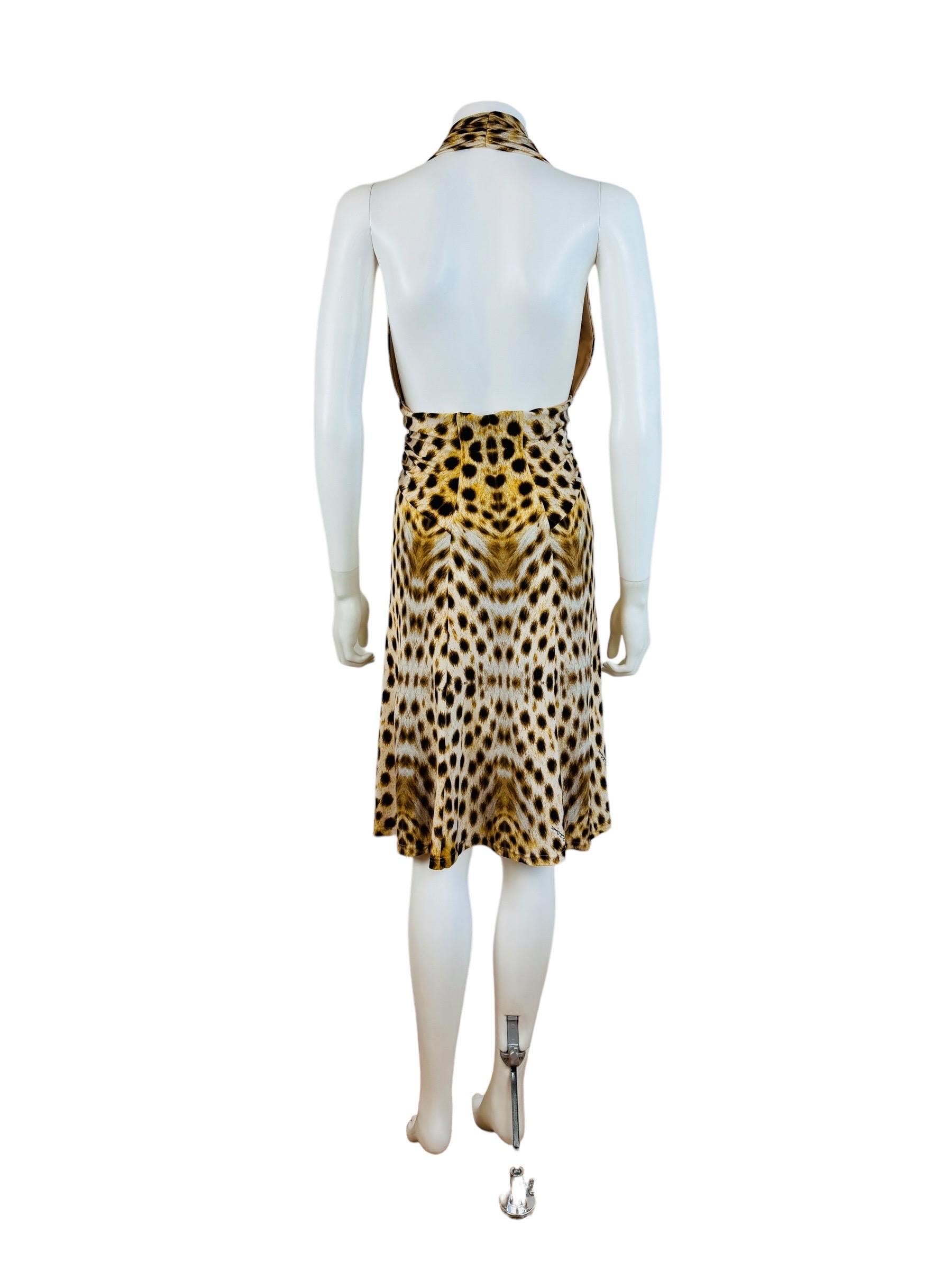 Vintage 2007 Y2K Roberto Cavalli Halter Cheetah Animal Leopard Print Dress Midi For Sale 6