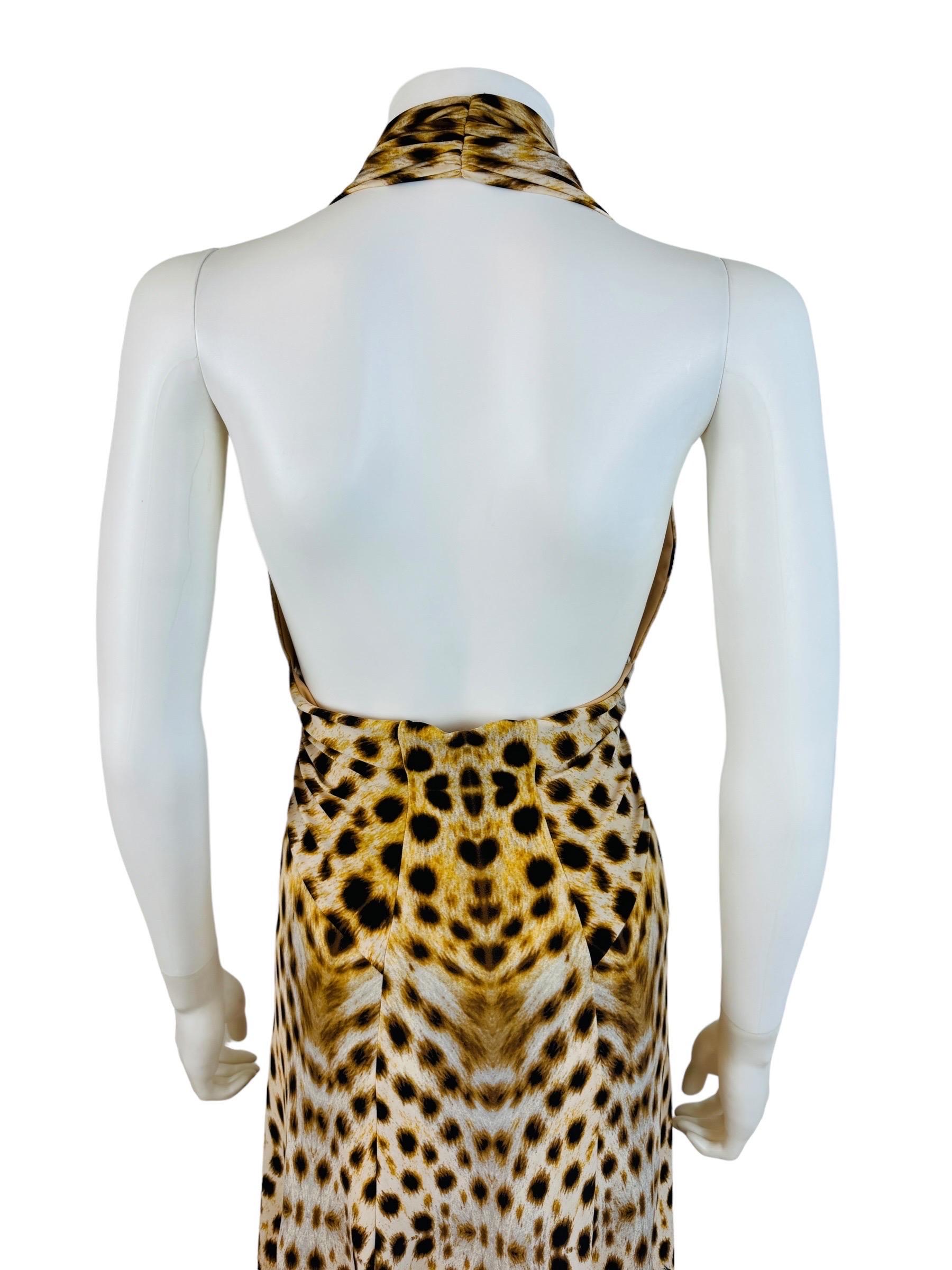 Vintage 2007 Y2K Roberto Cavalli Halter Cheetah Animal Leopard Print Dress Midi For Sale 7